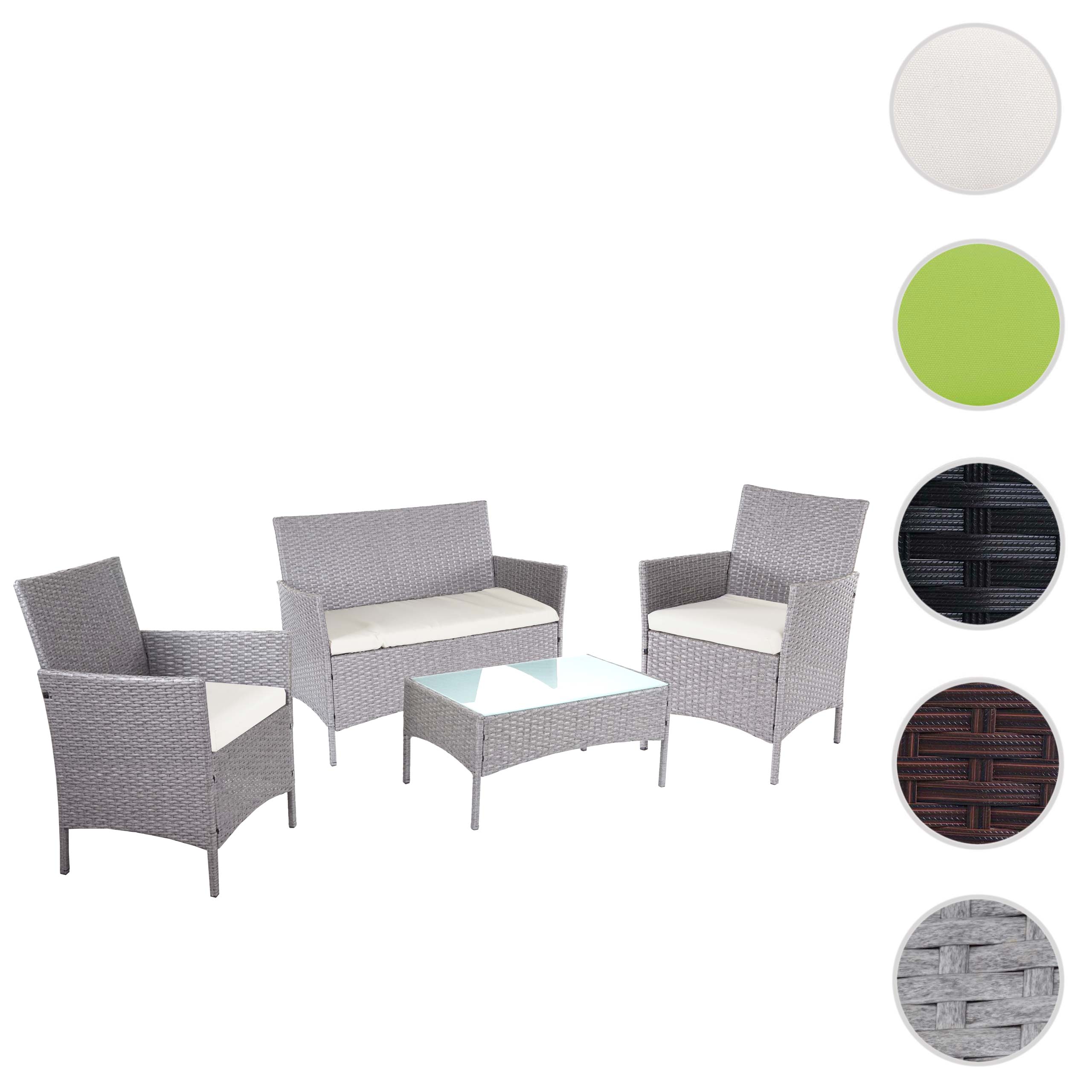 2-1-1 Poly-Rattan Garten-Garnitur Hamar, Sitzgruppe Lounge-Set Sofa ~ grau, Kissen creme