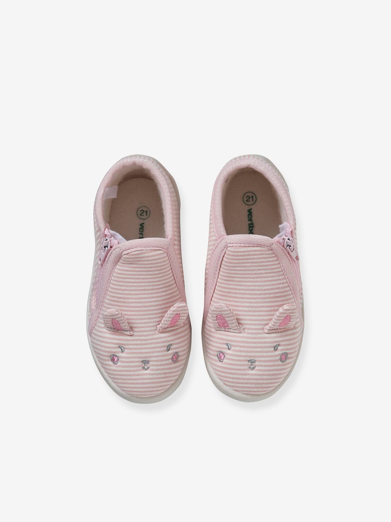 Pantufas de casa de lona listrada rosa para bebê com zíper.