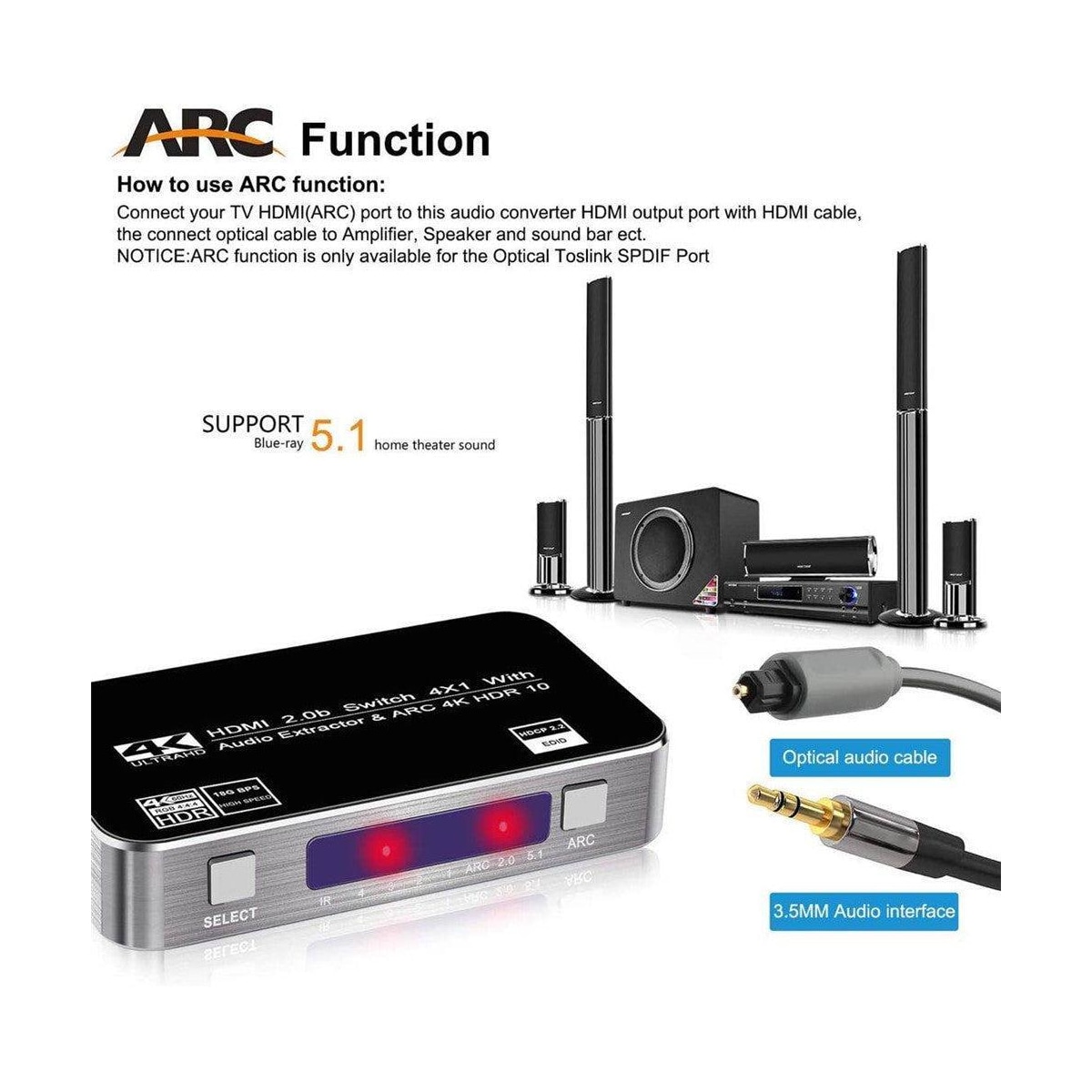 NÖRDIC HDMI Switch 4 til 1 med Audio Extractor og ARC 4K60Hz MHL Dolby True SPDIF Stereo 3D