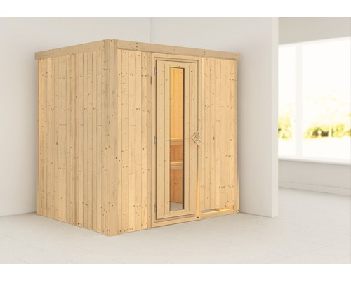 Karibu Wanja plug & play sauna zonder kachel en dakrand, met houten deur en geïsoleerd glas.