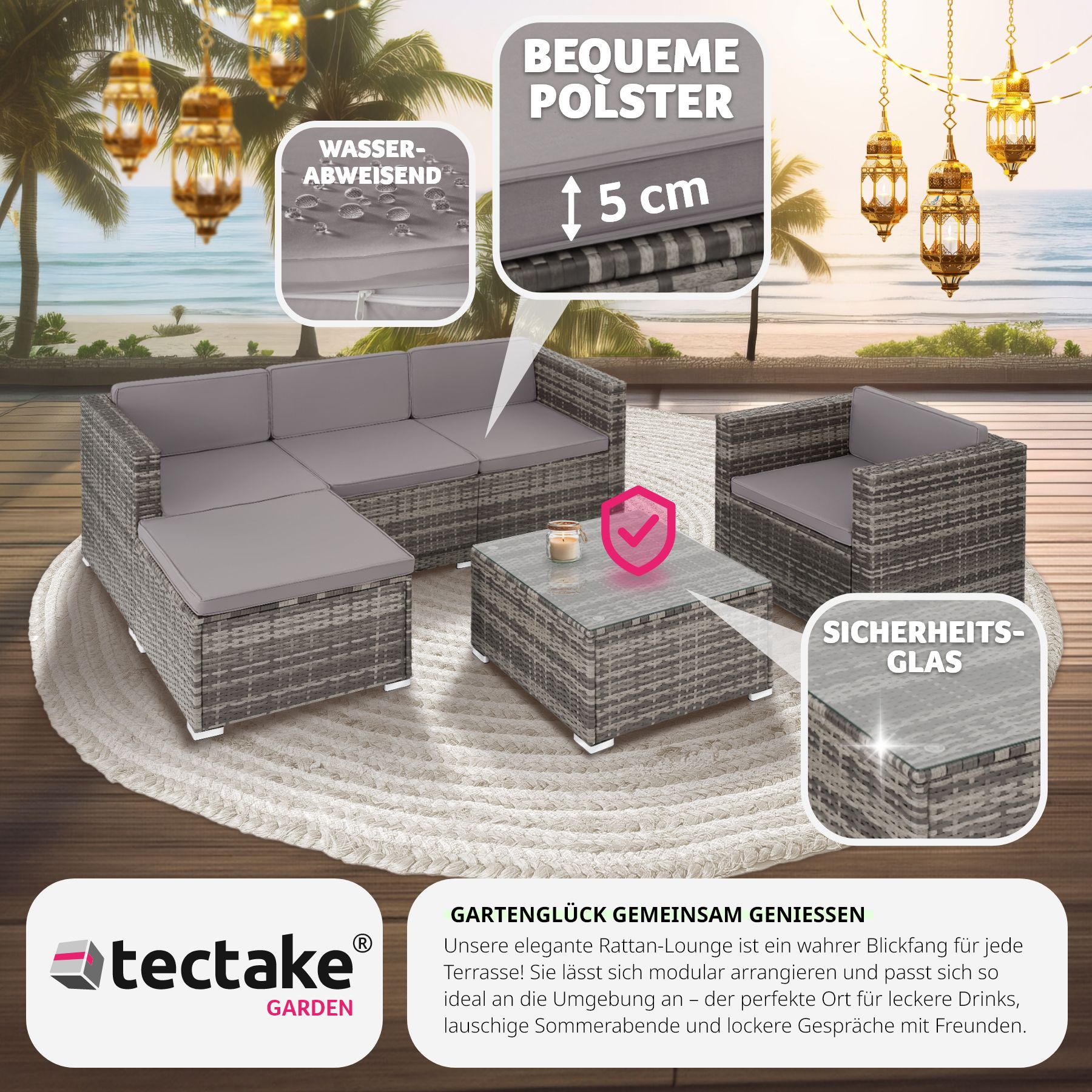 tectake® Rattan Lounge, für 4 bis 5 Personen, UV-beständig, variabel aufstellbar