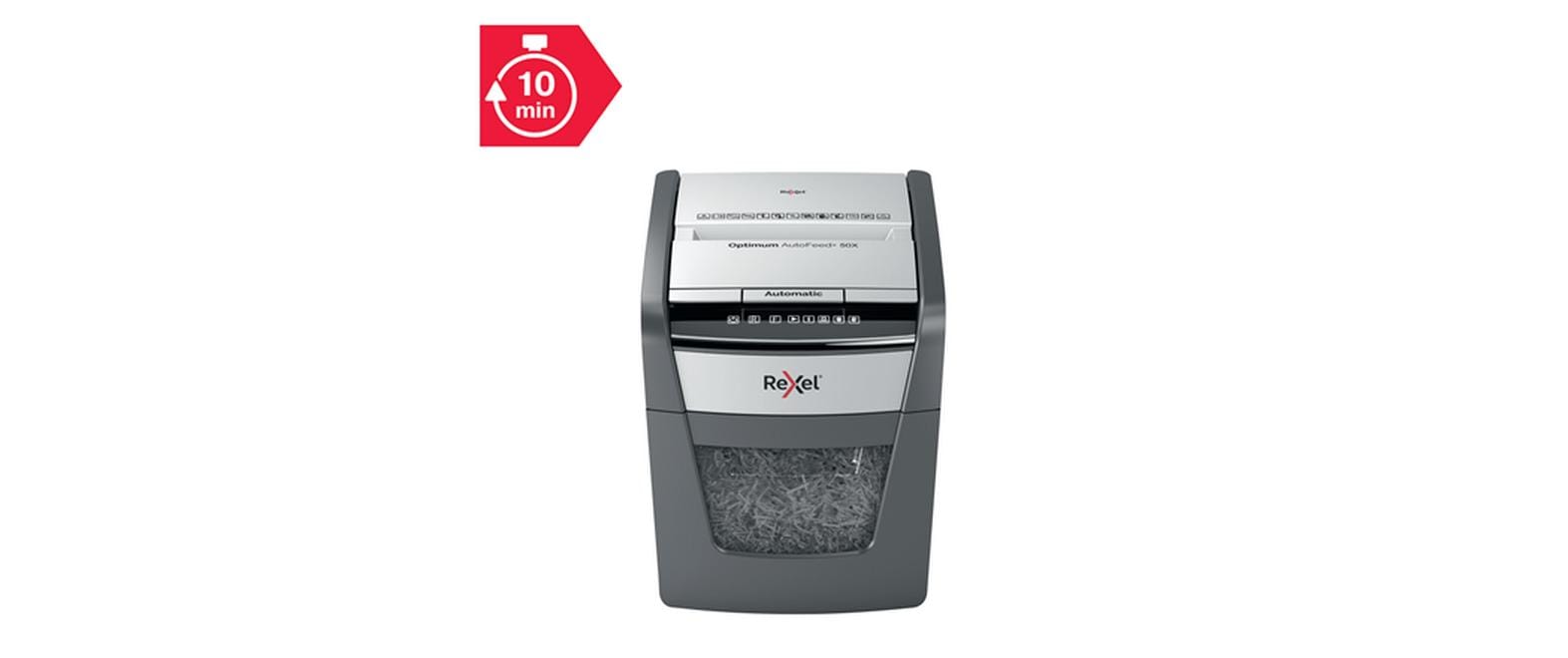 Aktenvernichter Rexel Optimum AutoFeed+ 50X, Partikelschnitt<br>Automatischer Schredder (auto) für sichere Vernichtung vertraulicher Unterlagen (bis zu 50 Blatt)