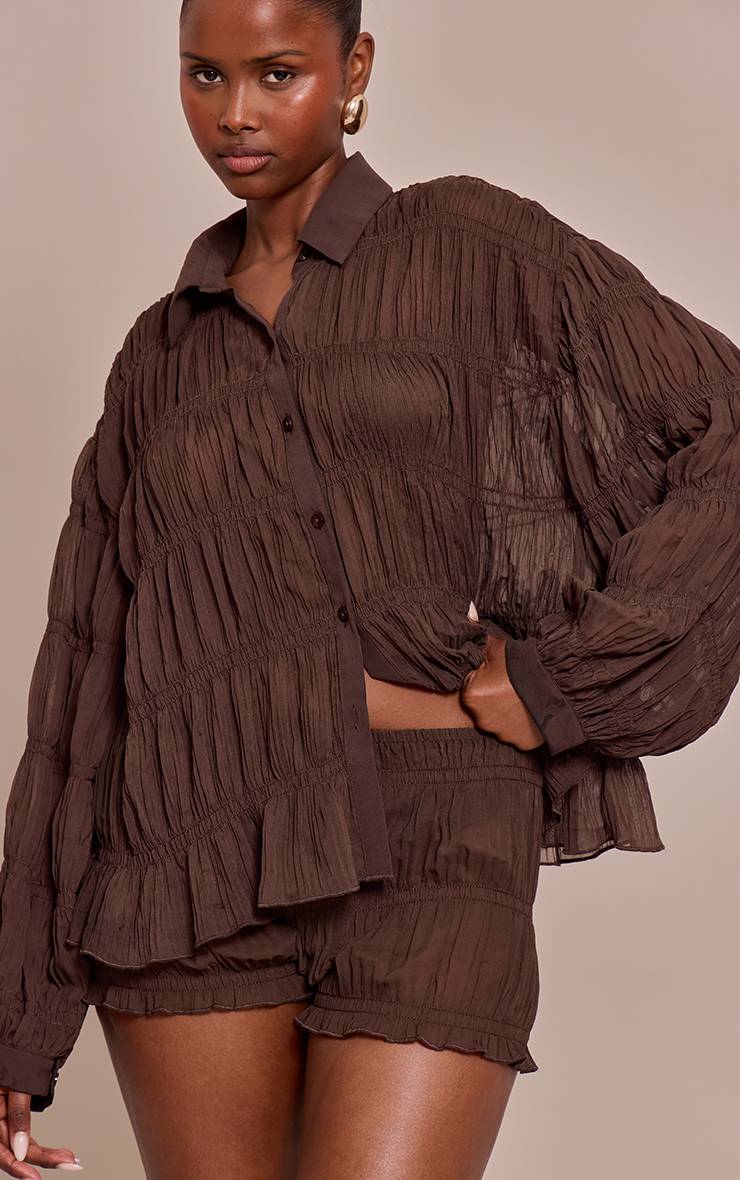 Marron Foncé Short Mini En Mousseline Froncé
