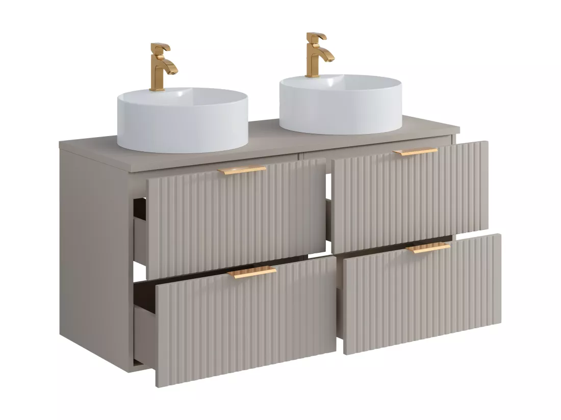 Meuble de salle de bain suspendu strié avec double vasque à poser ronde - Beige - L120 cm - ZEVARA