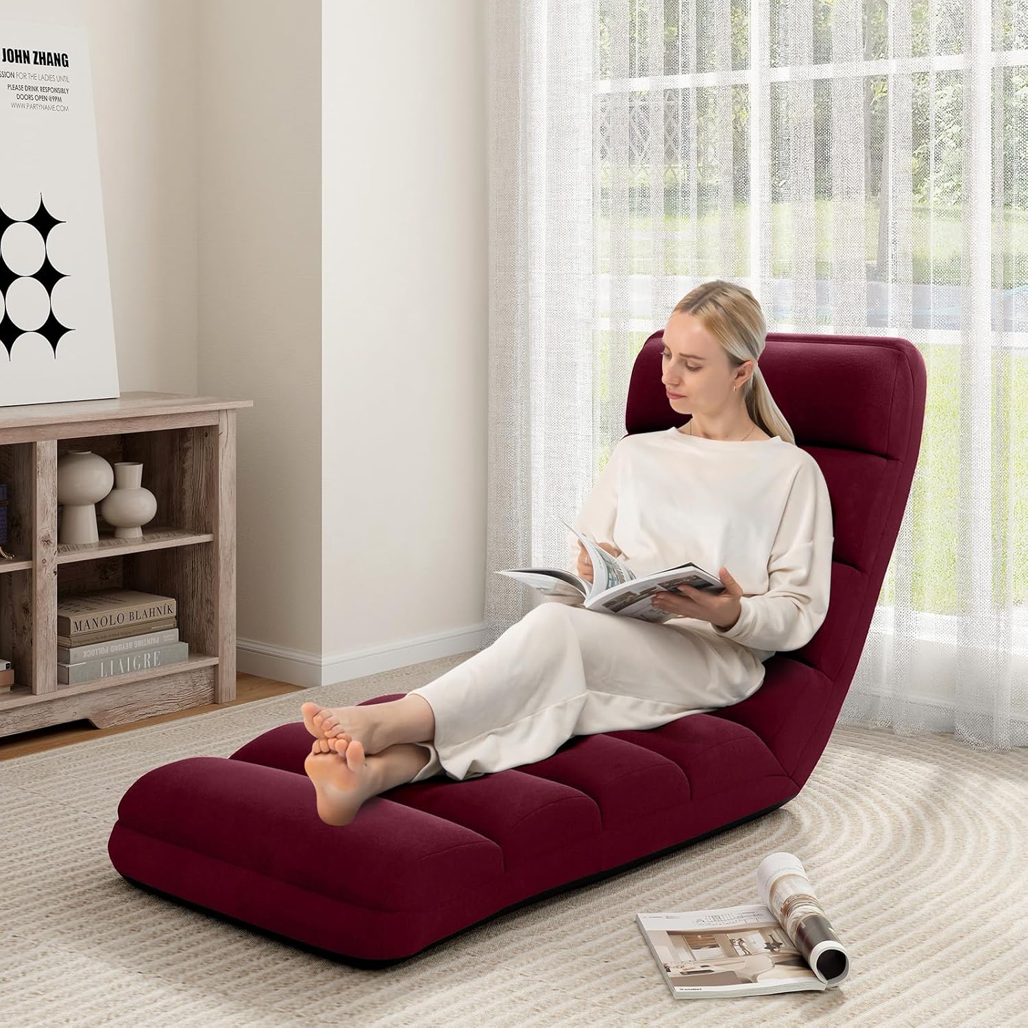 COSTWAY Relaxliege klappbar, Bodenstuhl mit Verstellbarer Rückenlehne, Bodenliege mit Schlaffunktion, Bodensofa, Bodensessel für Gaming, Schlafen, Lesen, Rot