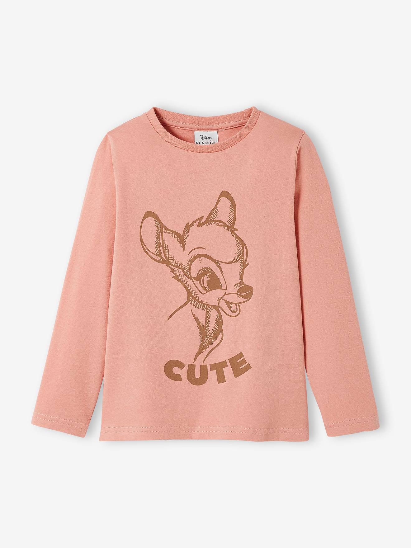 Camiseta de manga comprida DS® Bambi, rosa escuro liso com estampas.