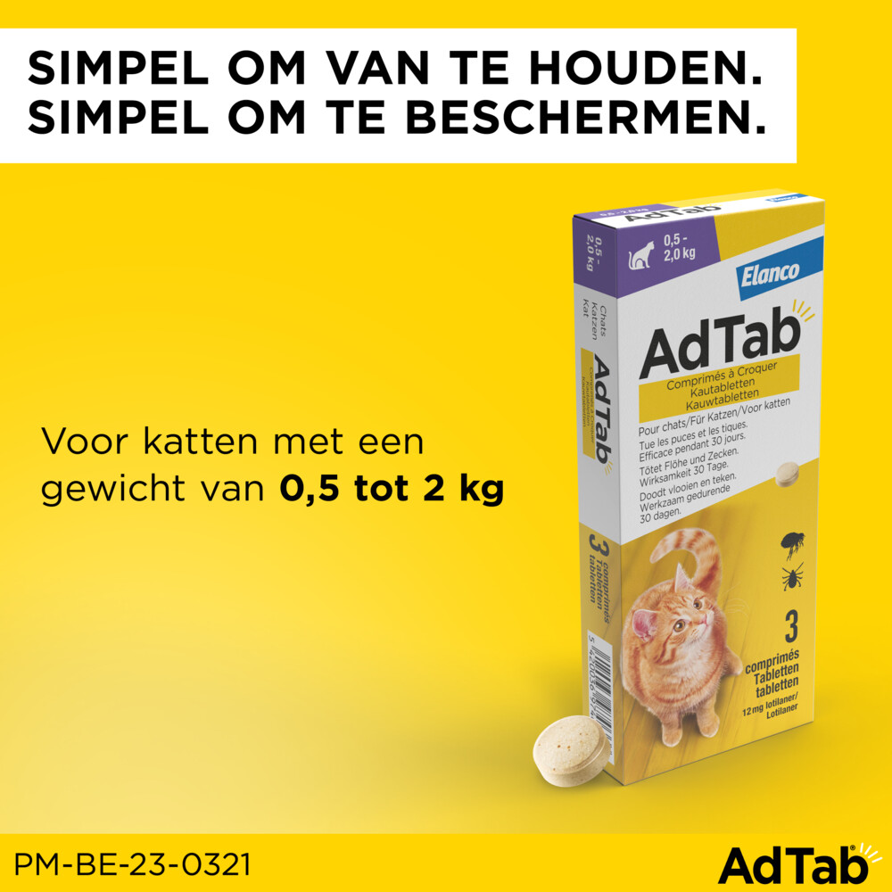 AdTab Anti Vlo en Teek Kauwtabletten Kat 0,5-2,0 kg3 tabletten