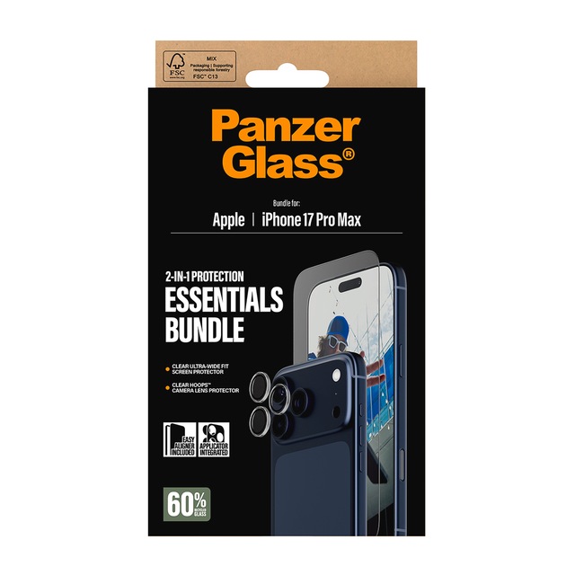 CARE by PanzerGlass Displayschutzglas »2-in-1 Protection Essentials Bundle« für Apple iPhone 17 Pro Max Displayschutzfolie, Schutzfolie, Bildschirmschutz, kratz- & stossfest