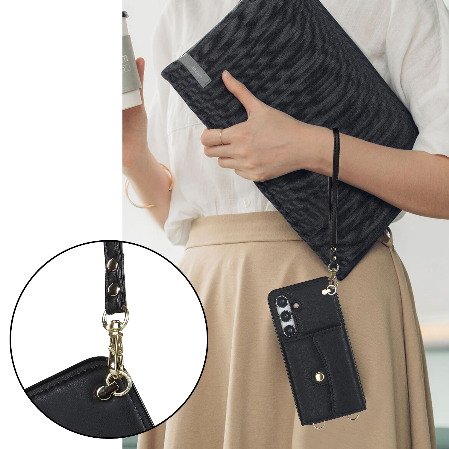 Samsung Galaxy S24  Plus Necklace Leder Schutz Hülle mit Kartenfach   Handykette (140cm) - Schwarz