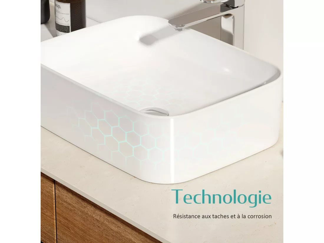 EMKE Vasque à Poser 610 x 380 x 150 mm, Lavabo Rectangulaire en Céramique pour Salle de Bain, Design Angles Arrondis R, Blanc Mat