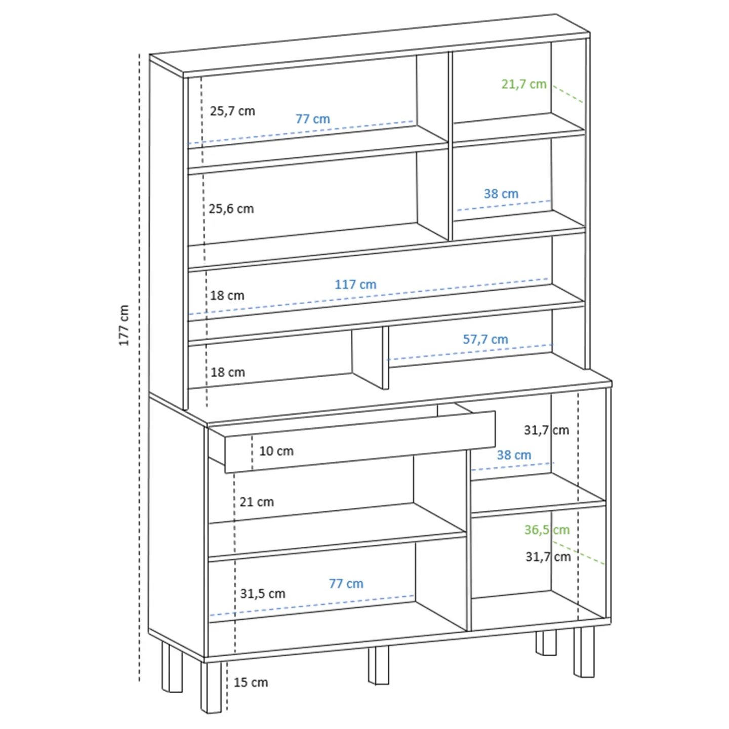 Buffet de cuisine 120 CM CINA 6 portes + tiroir blanc et blanc brillant