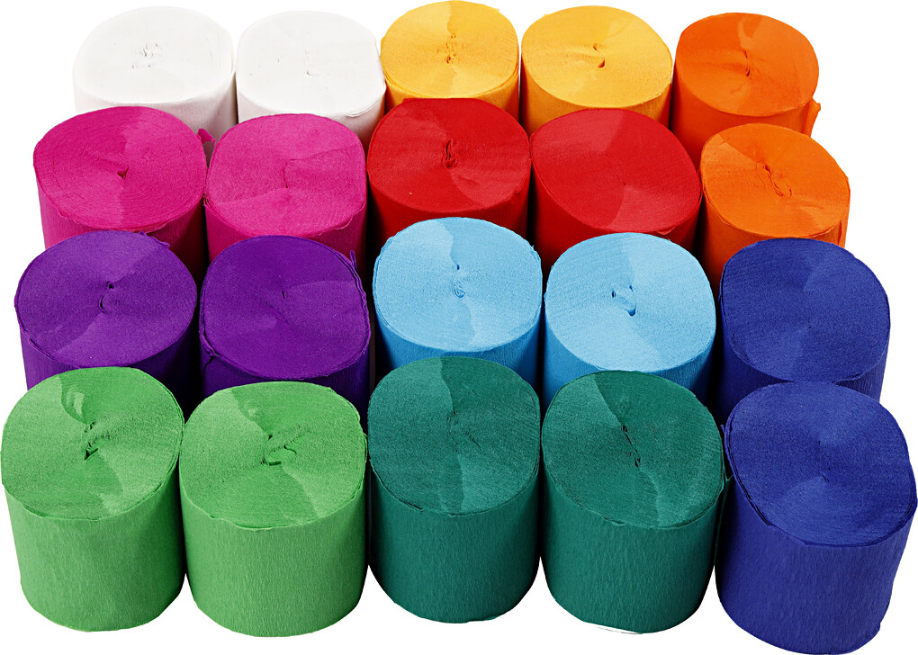Crepepapir Ruller - L 20 M - B 5 CM - 22 G - Assorterede Farver - 20 Ruller