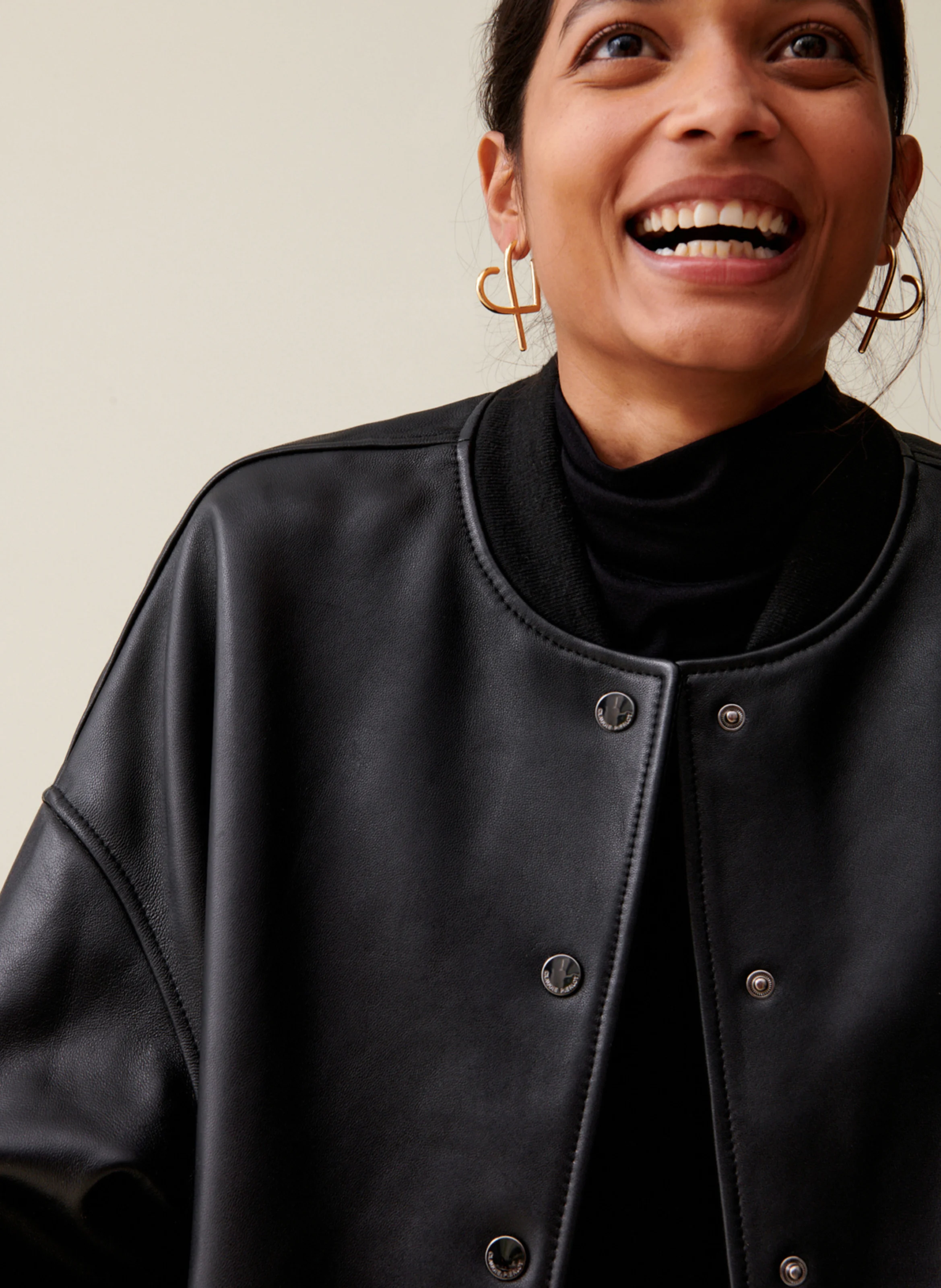 Blouson oversize col teddy en cuir | Noir