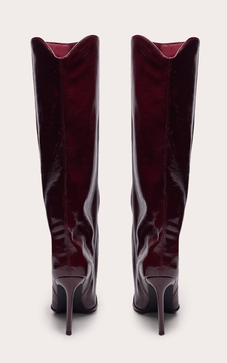 Rouge Bordeaux Bottes Au Genou Froncées En Cuir Verni Froissé
