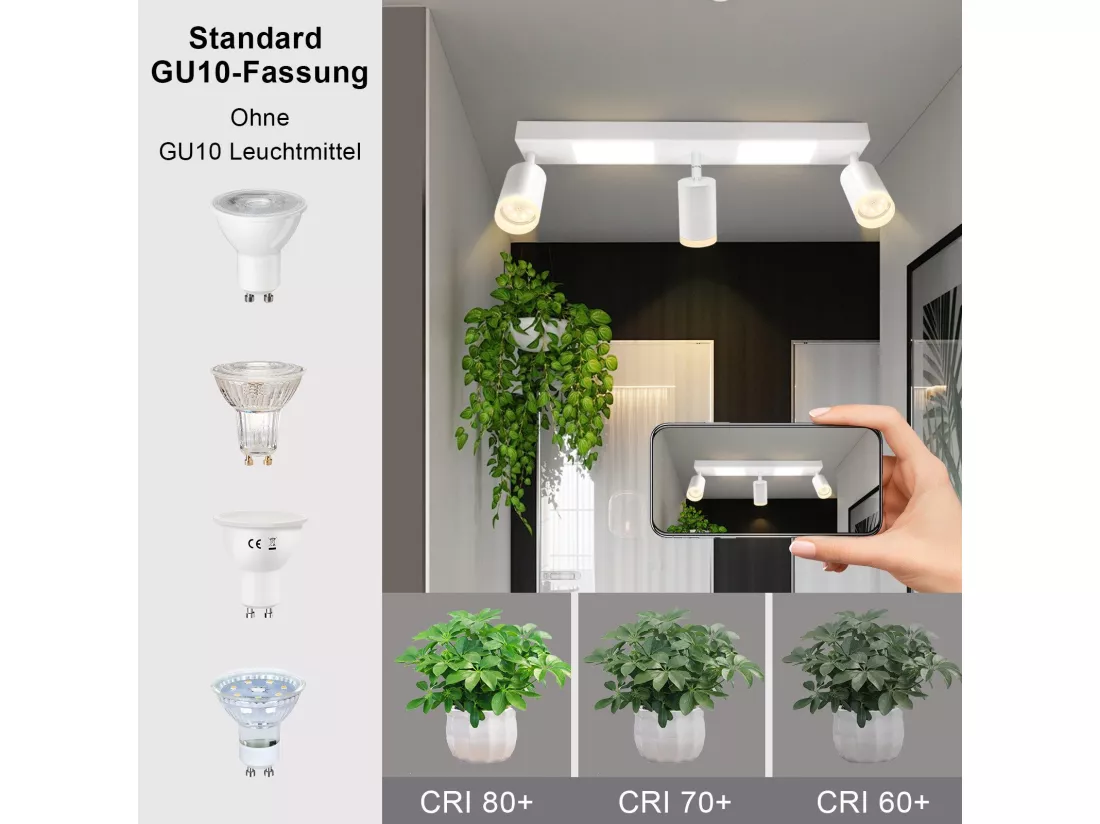 NETTLIFE Spot de plafond 3 ampoules GU10 chambre 3000k 20W blanc chaud orientable