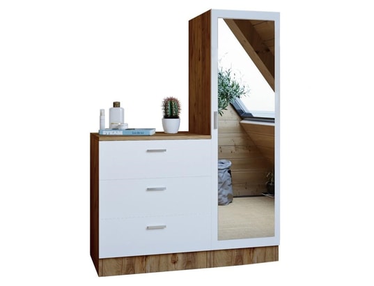 VENTE-UNIQUE - Commode 3 tiroirs avec armoire et miroir - blanc et naturel...