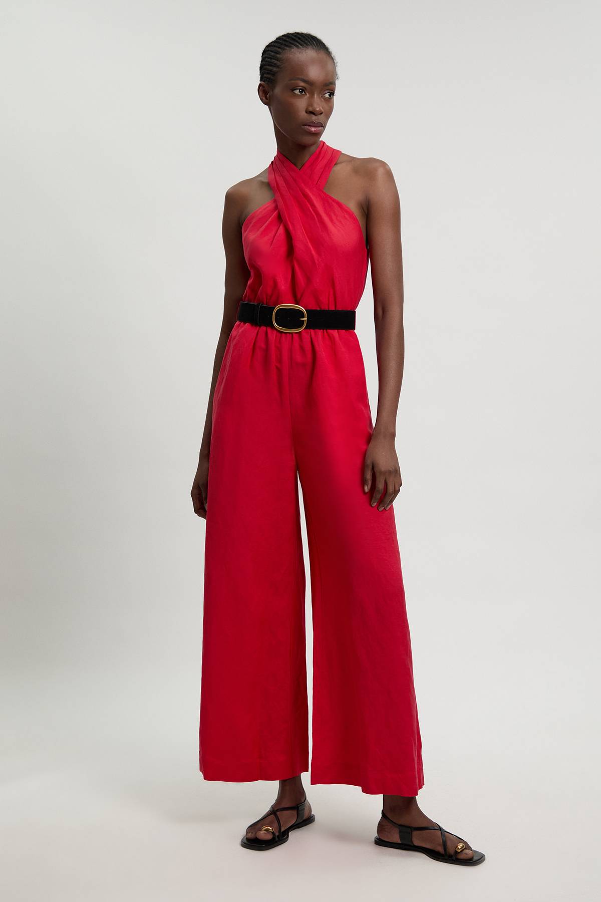 KarenMillen Combinaison-pantalon Tissée Dos Nu À Col Licou En Viscose Et Lin Avec Ceinture