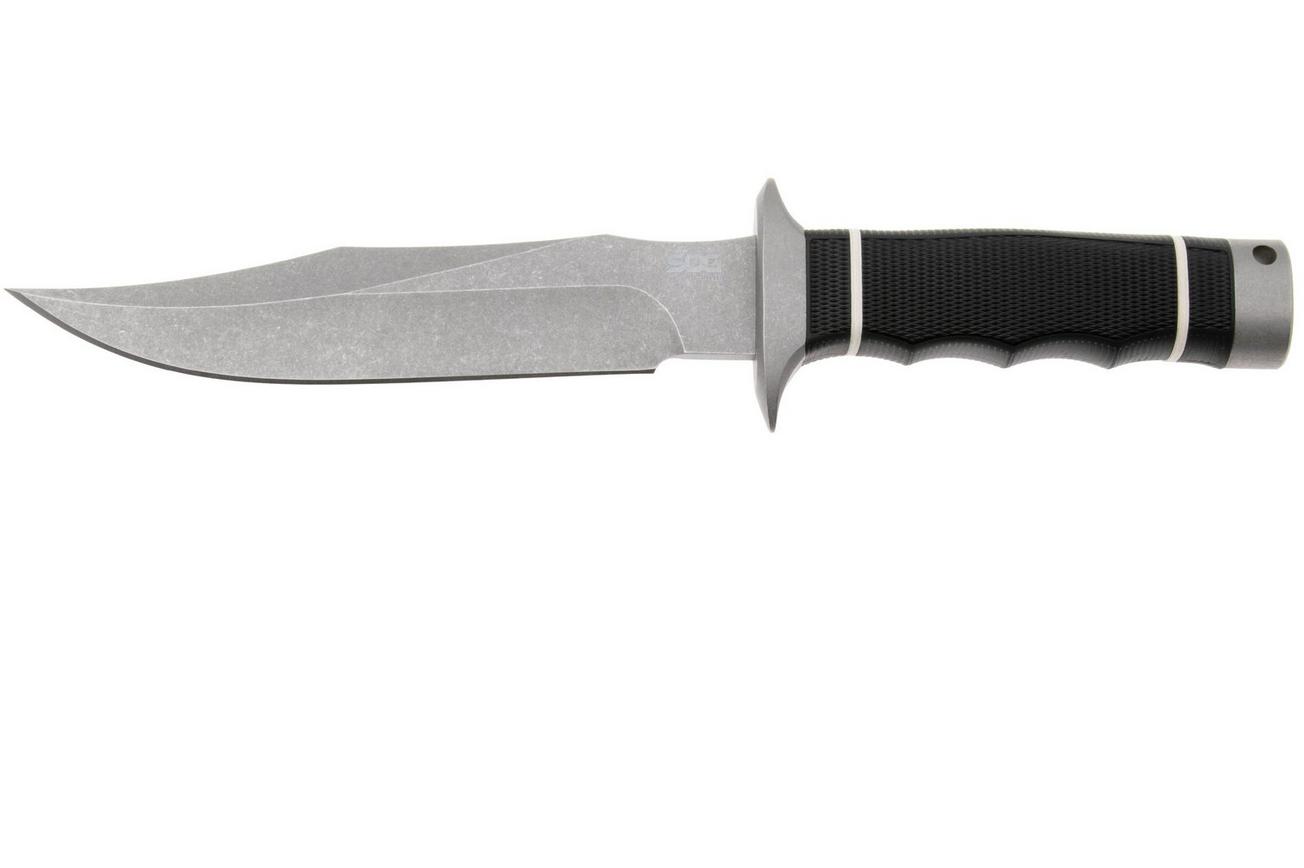 SOG Tech Bowie S11B-BX, Stonewashed AUS-8, Black Kraton vaststaand mes