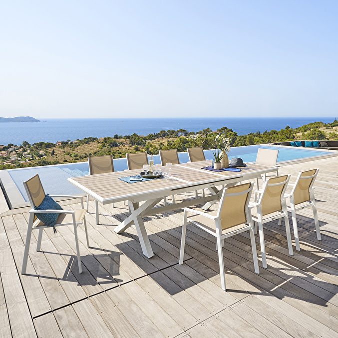 Ensemble table de jardin extensible AXIOME Effet bois + 10 fauteuils AXANT Lin & Blanc