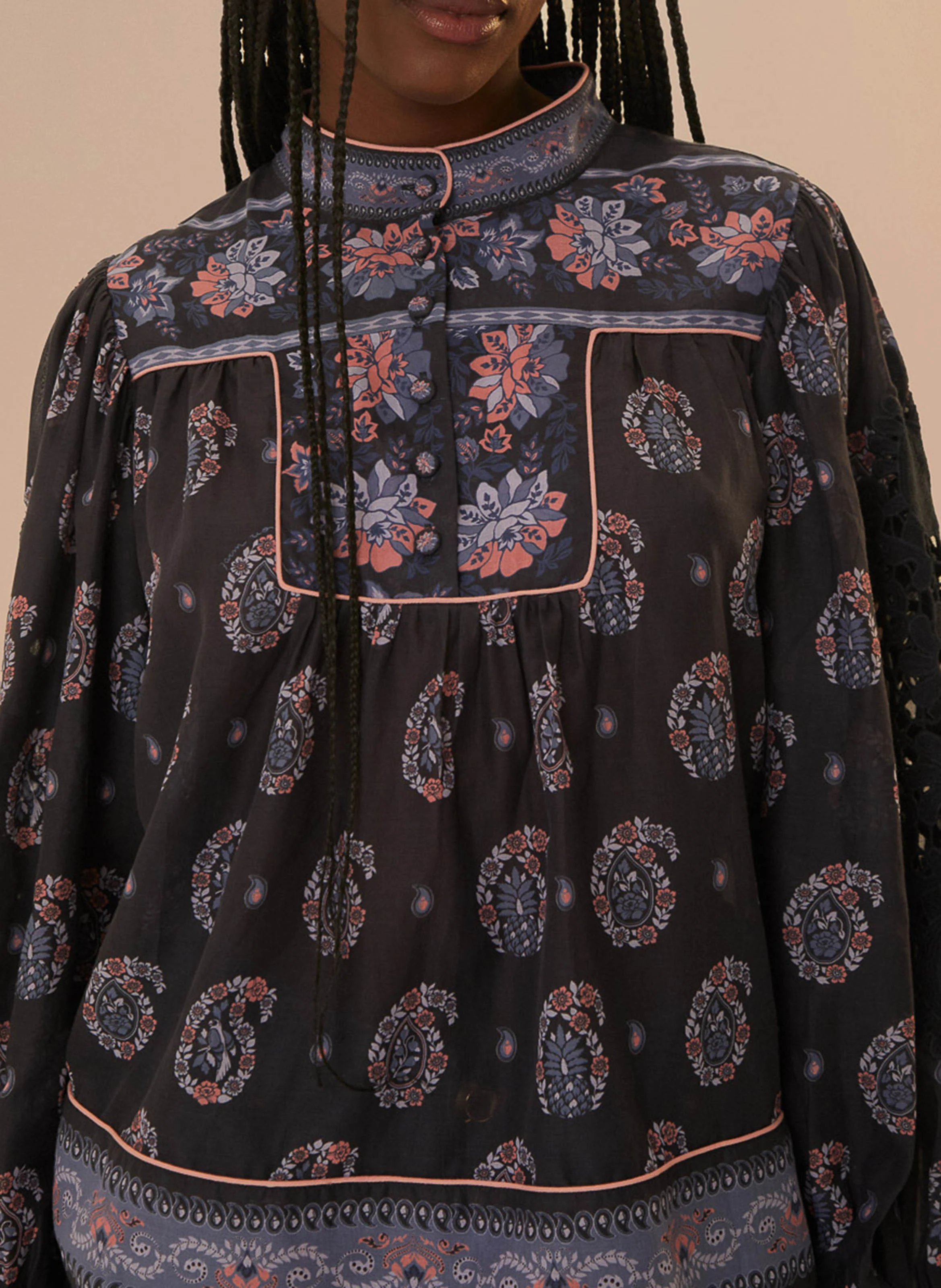 Blouse droite col montant en coton imprimé | Bleu