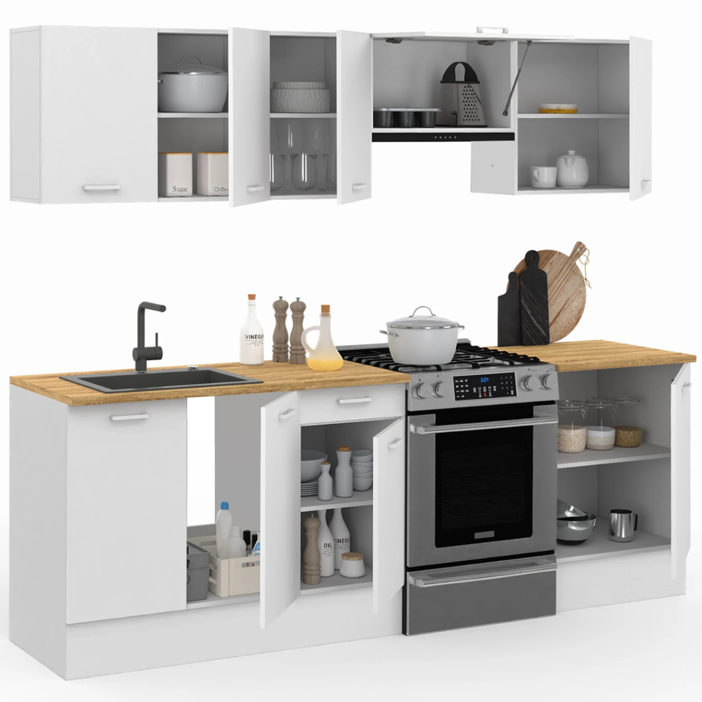 Cuisine complète 240 cm SUBTIL avec plan de travail 7 éléments blanc et plateaux bois