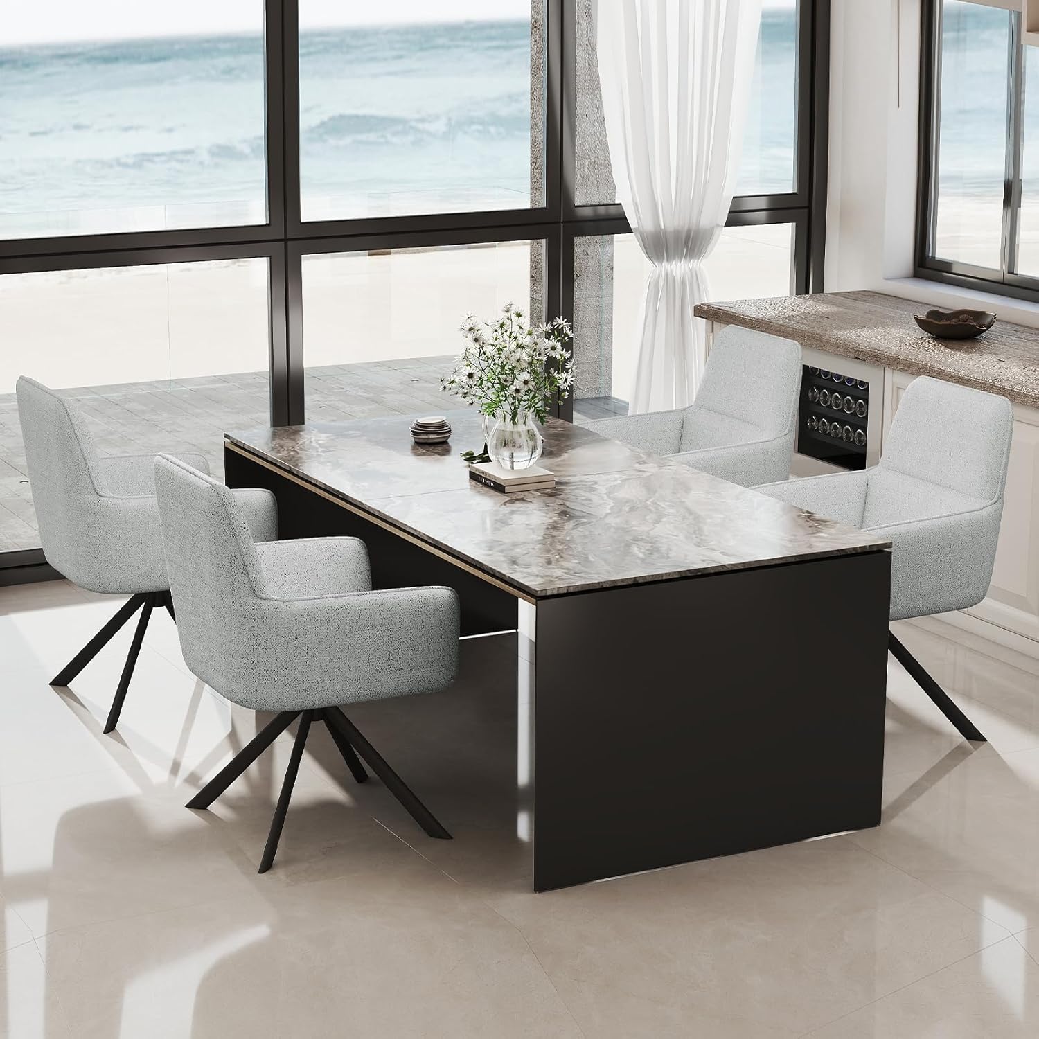 Esszimmerstühle Drehbar mit Armlehne 2er Set, 360°Drehbar Polsterstuhl Küchenstuhl aus Chenille, Stühle Esszimmer Schminkstuhl mit Metallbeine für Esszimmer Küche Schlafzimmer, Hellgrau