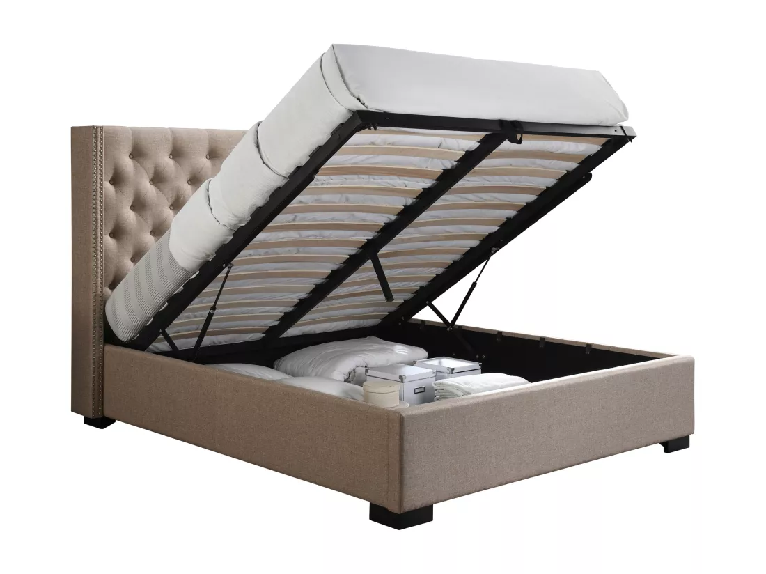 Lit coffre 140 x 200 cm avec tête de lit capitonnée - Tissu - Beige + Matelas - MASSIMO