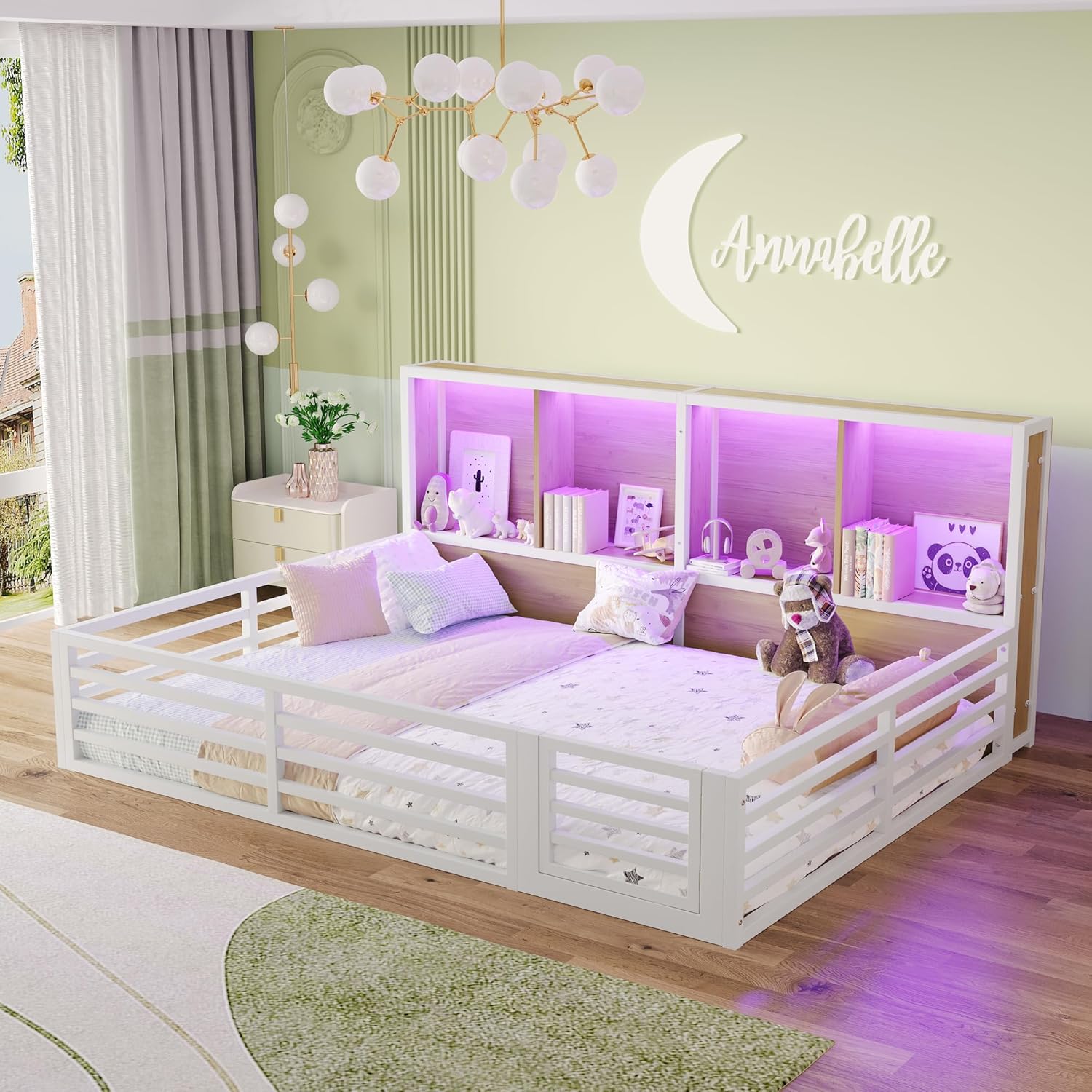 Kinderbett Bodenbett 140x200, Montessori Bett mit Rausfallschutz&Lattenrost, Hausbett mit 4 Staufächer&LED-Beleuchtung&Tür, Gitterbett Doppelbett Metallbett Bettgestell Spielbett, Ohne Matratze, Weiß
