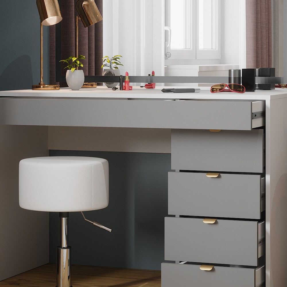 Vicco Schminktisch Elise Weiß Grau 115 x 76 cm modern Frisiertisch Schubladen LED-Spiegel Hocker