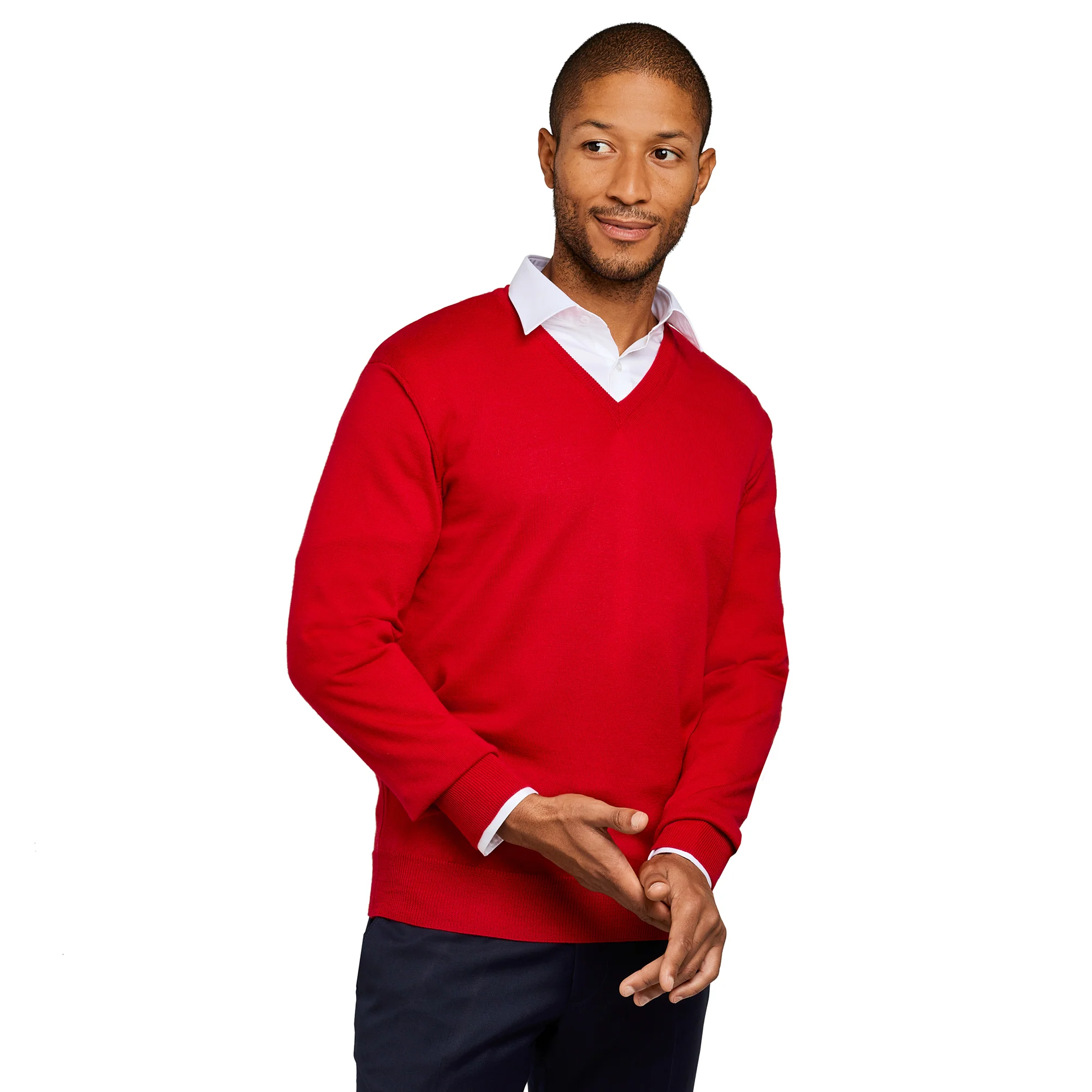 Pull col v 100% pure laine Mérinos rouge