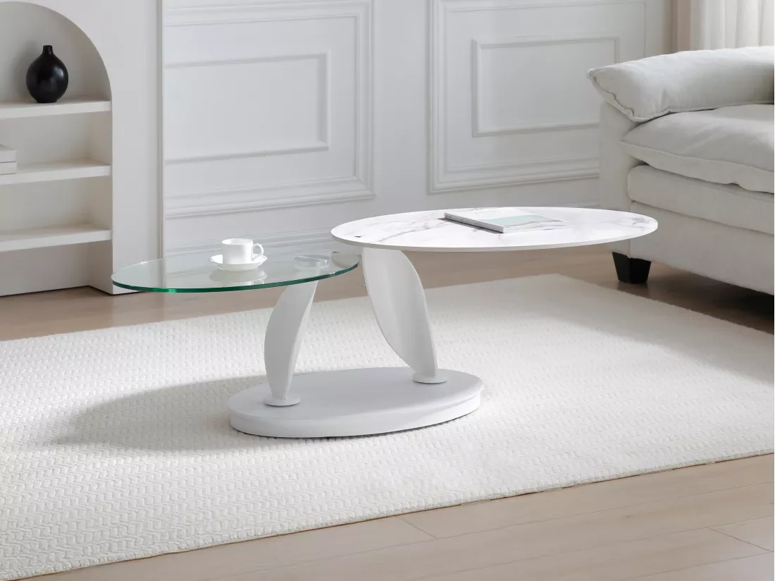 Table basse avec plateaux pivotants en céramique, verre trempé et métal - Effet marbre blanc - MANEYA de Maison Céphy