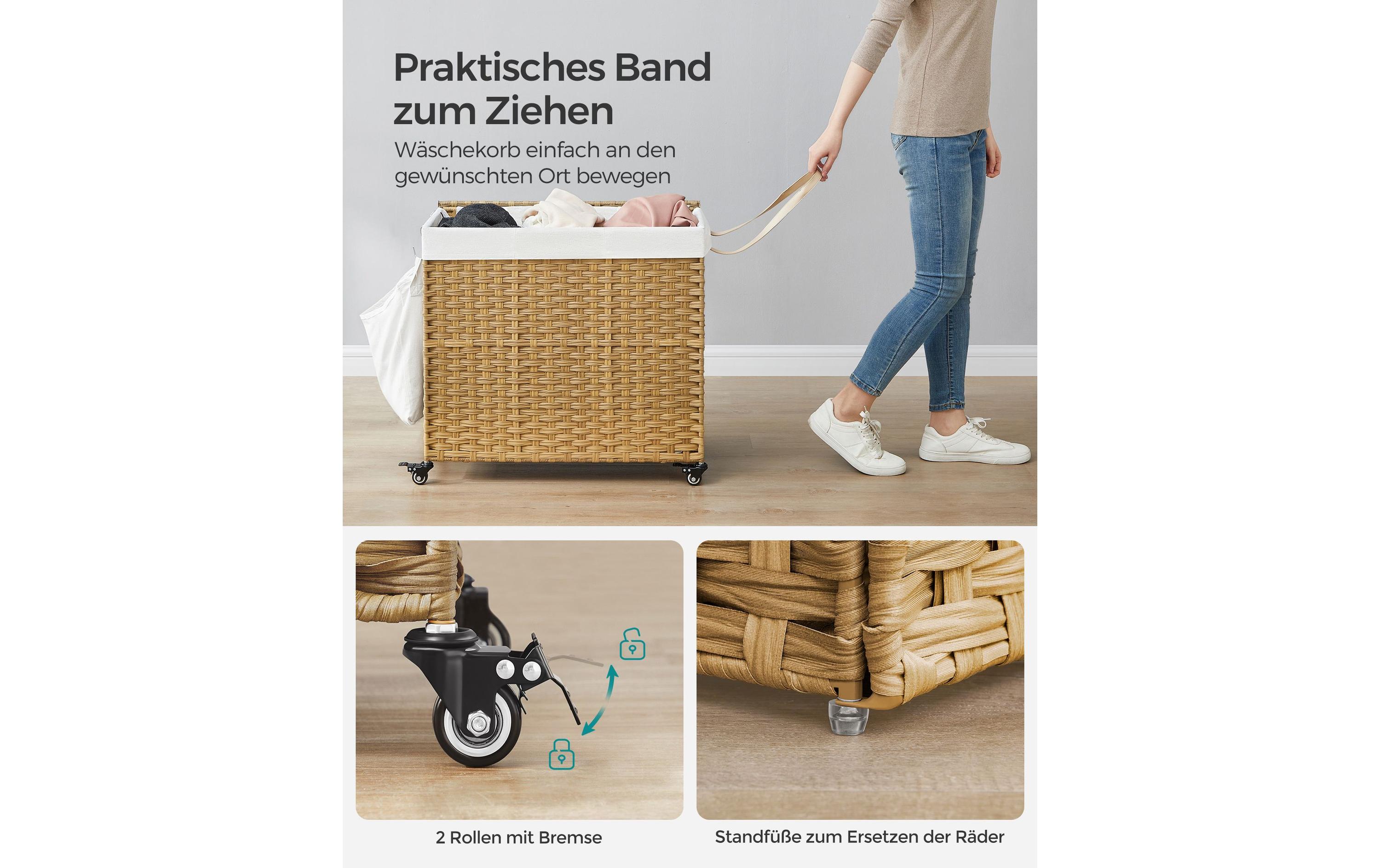 Wäschekorb 160 l, HellbraunWäschesammler mit drei Fächern