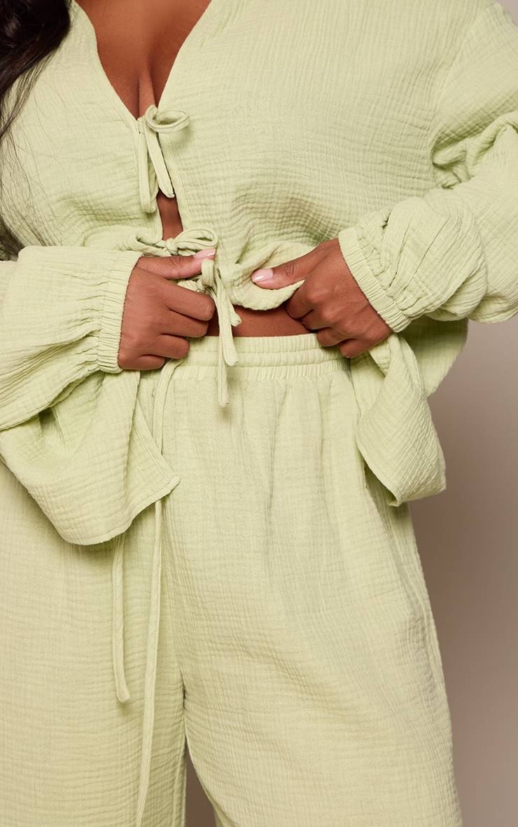 Vert Sauge Pantalon Large En Gaze Texturée Grande Taille Ensemble Coordonné