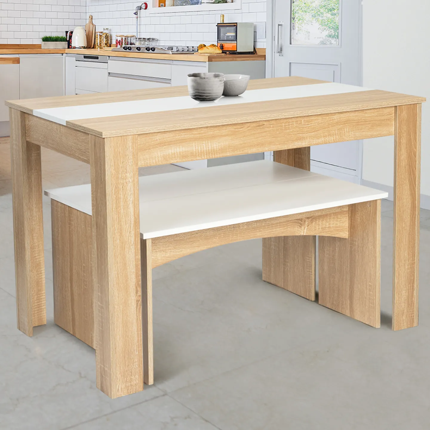 Ensemble table à manger et 2 bancs ROZY 4 personnes façon hêtre et blanc 110 cm