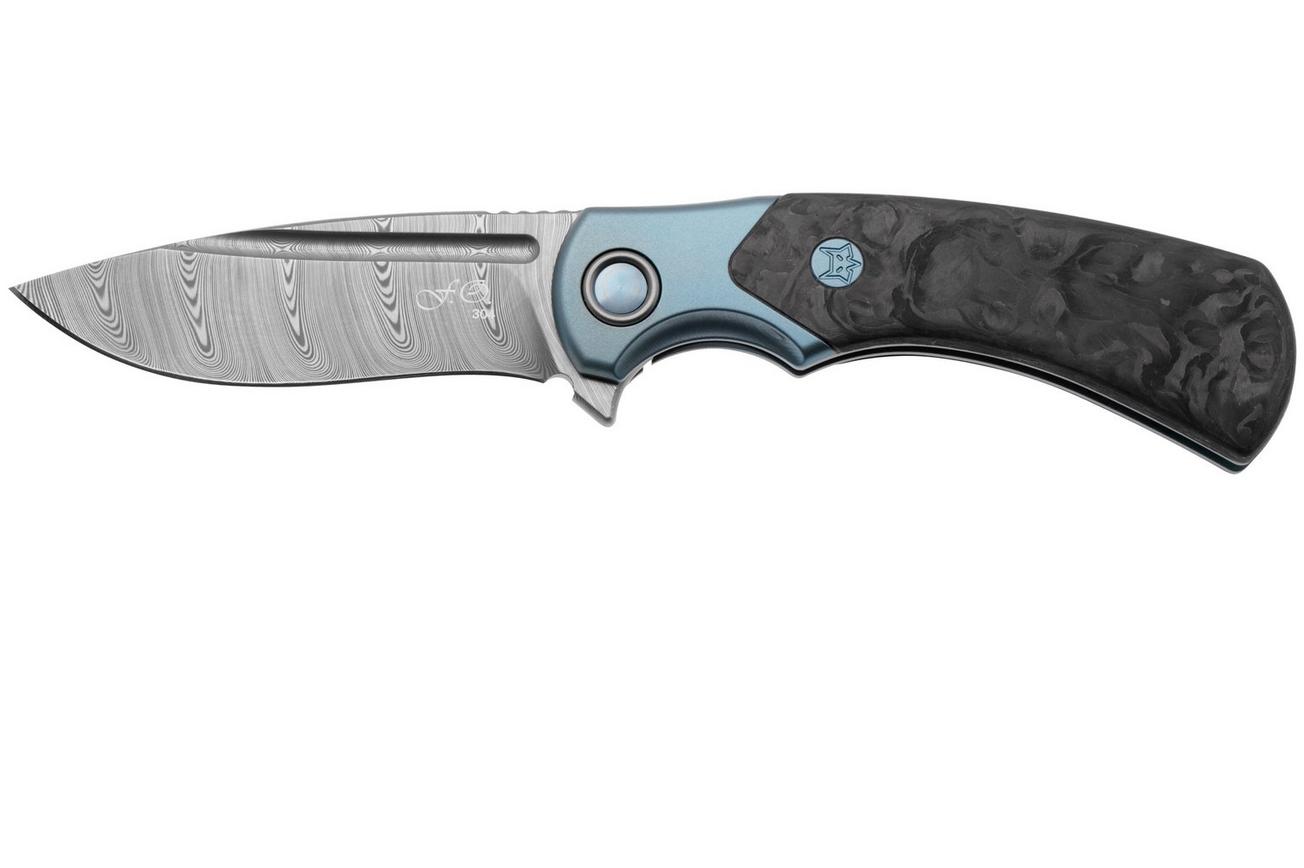 Fox 40 Years Anniversary Knife FX-F2017-D Damasteel DS93X Gysinge Pattern, Marble Carbon Fiber, Blue Oxidized Titanium, zakmes
