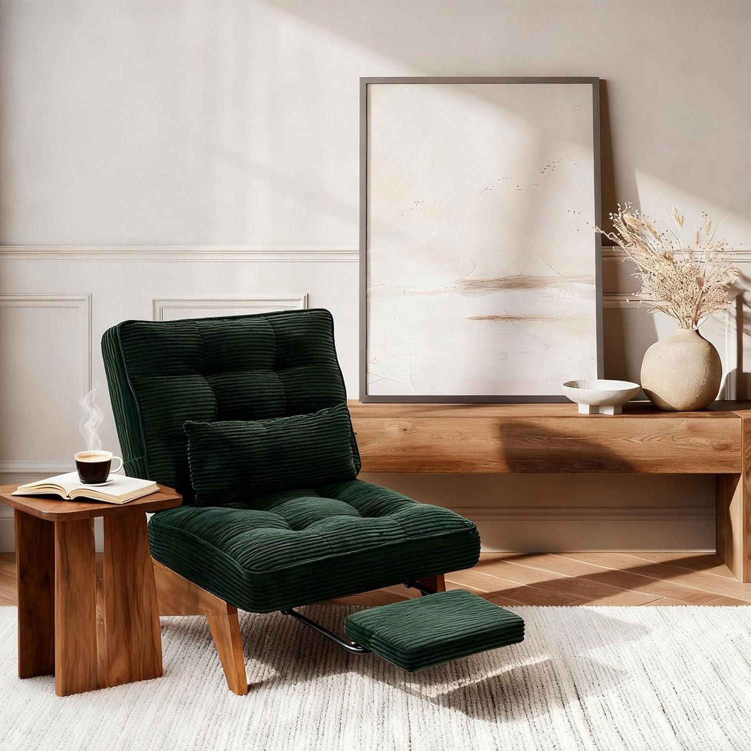 Loungesessel Verstellbar mit Fußstütze & Lendenkissen | Moderner Relaxsessel für Wohnzimmer | Rückenfreier Liegesessel aus Kordstoff | Massivholzbeine | Max. 220KG, (Smaragdgrün)