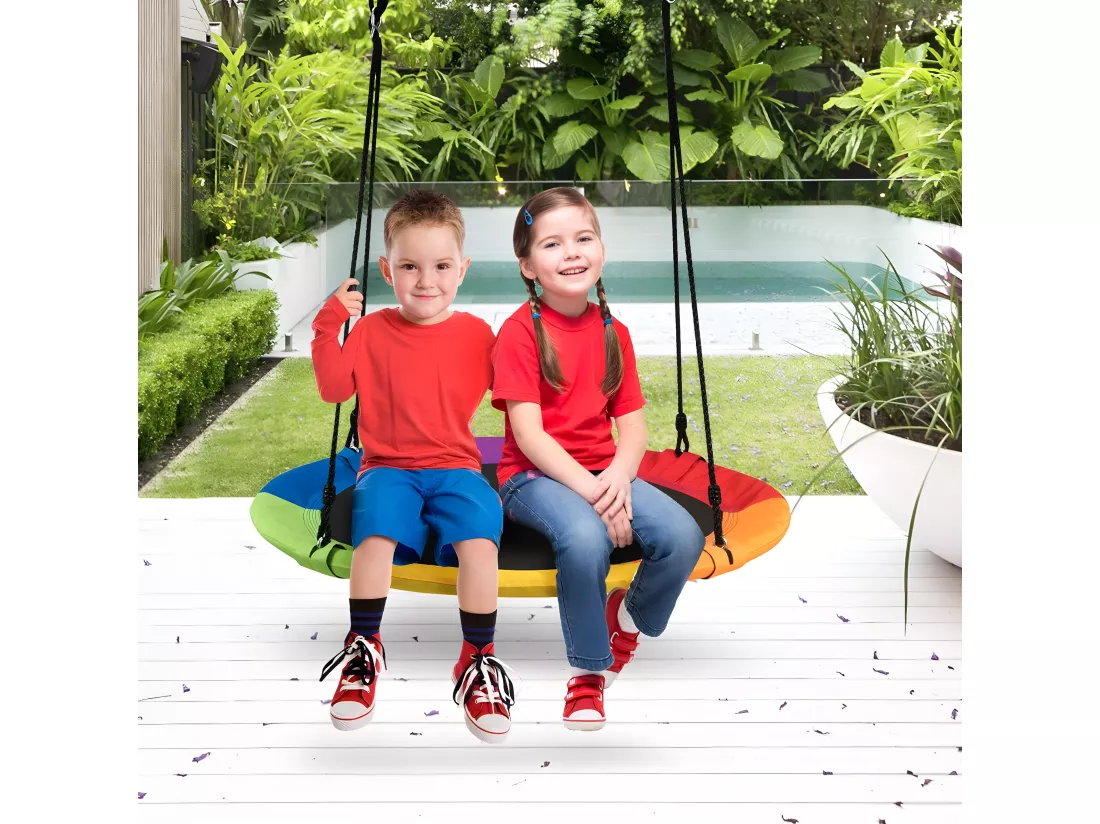 Balançoire Nid d’Oiseau Rond 100CM de Diamètre pour Arbre avec Sangle de Suspension Charge Max 150 KG Extérieur Multicolore