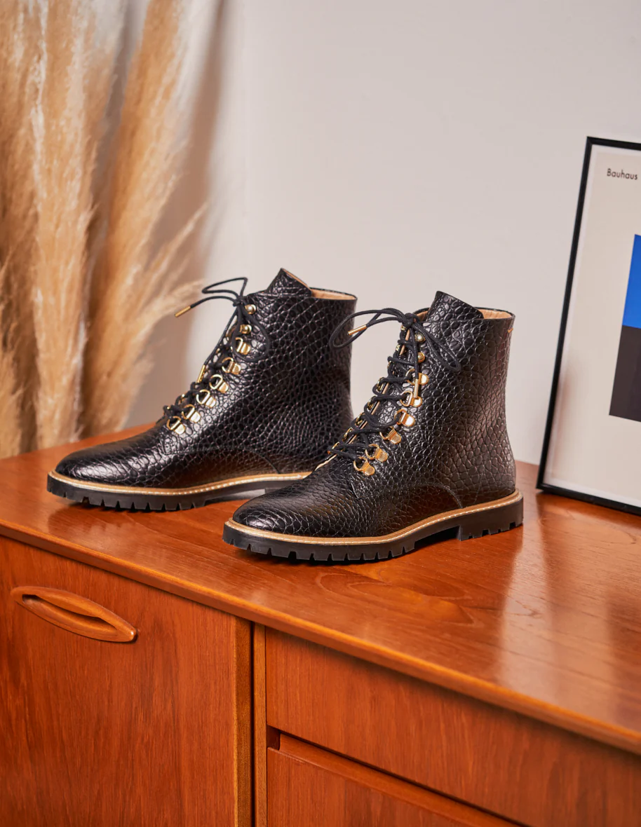 Bottines à lacets Alix - Cuir Croco Noir