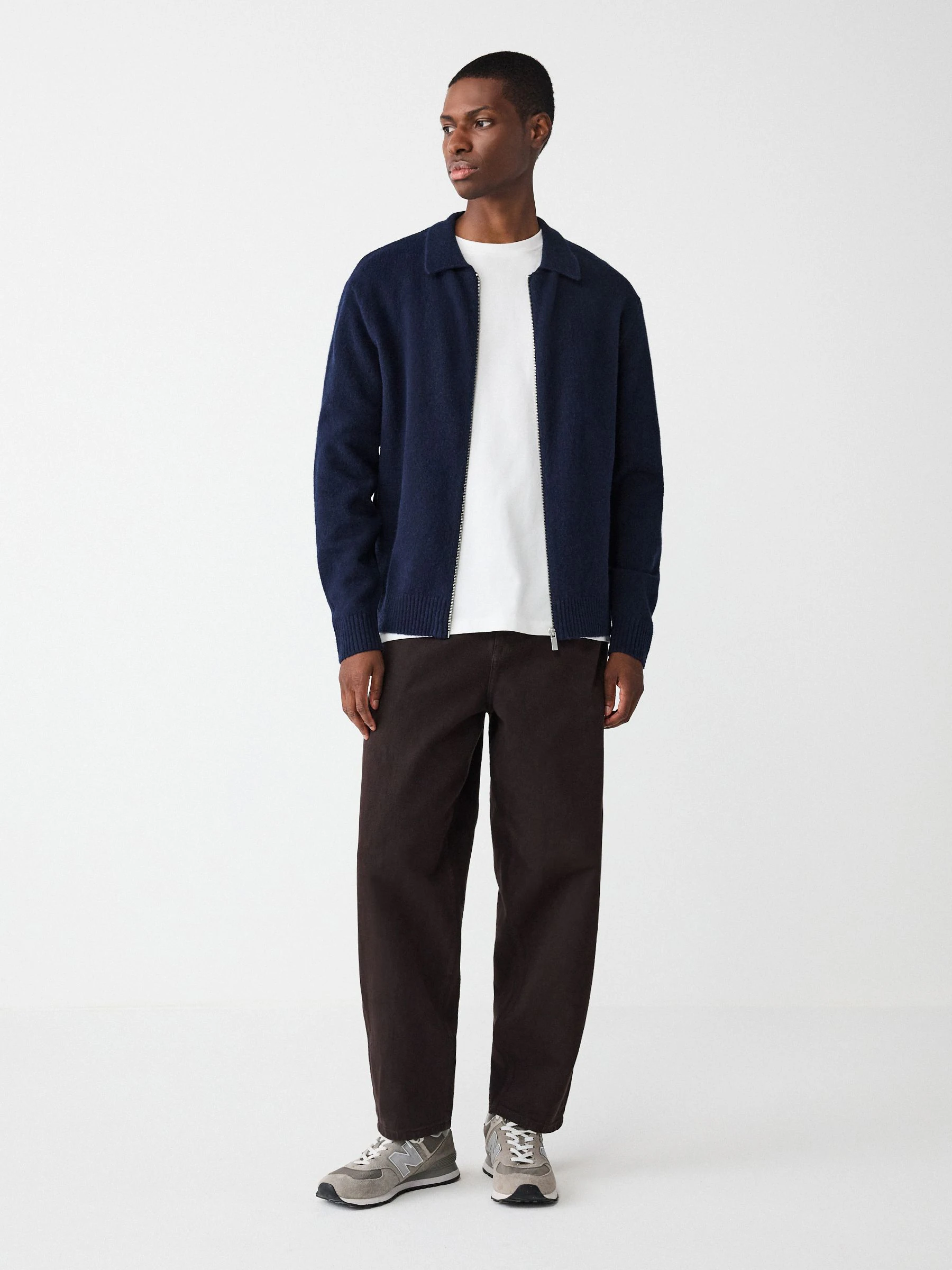 Donkerblauw - Relaxed Fit Cosy Zip Through Collared Cardigan with Wool