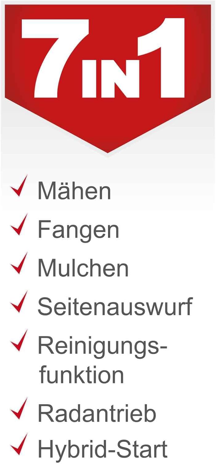Scheppach Benzin Rasenmäher MS225-53E mit E-Start | Radantrieb | 6PS | 53 cm Schnittbreite | 7-fache Schnitthöhenverstellung | 65 Liter Fangkorb | Reinigungsfunktion | Mulchfunktion | Seitenauswurf