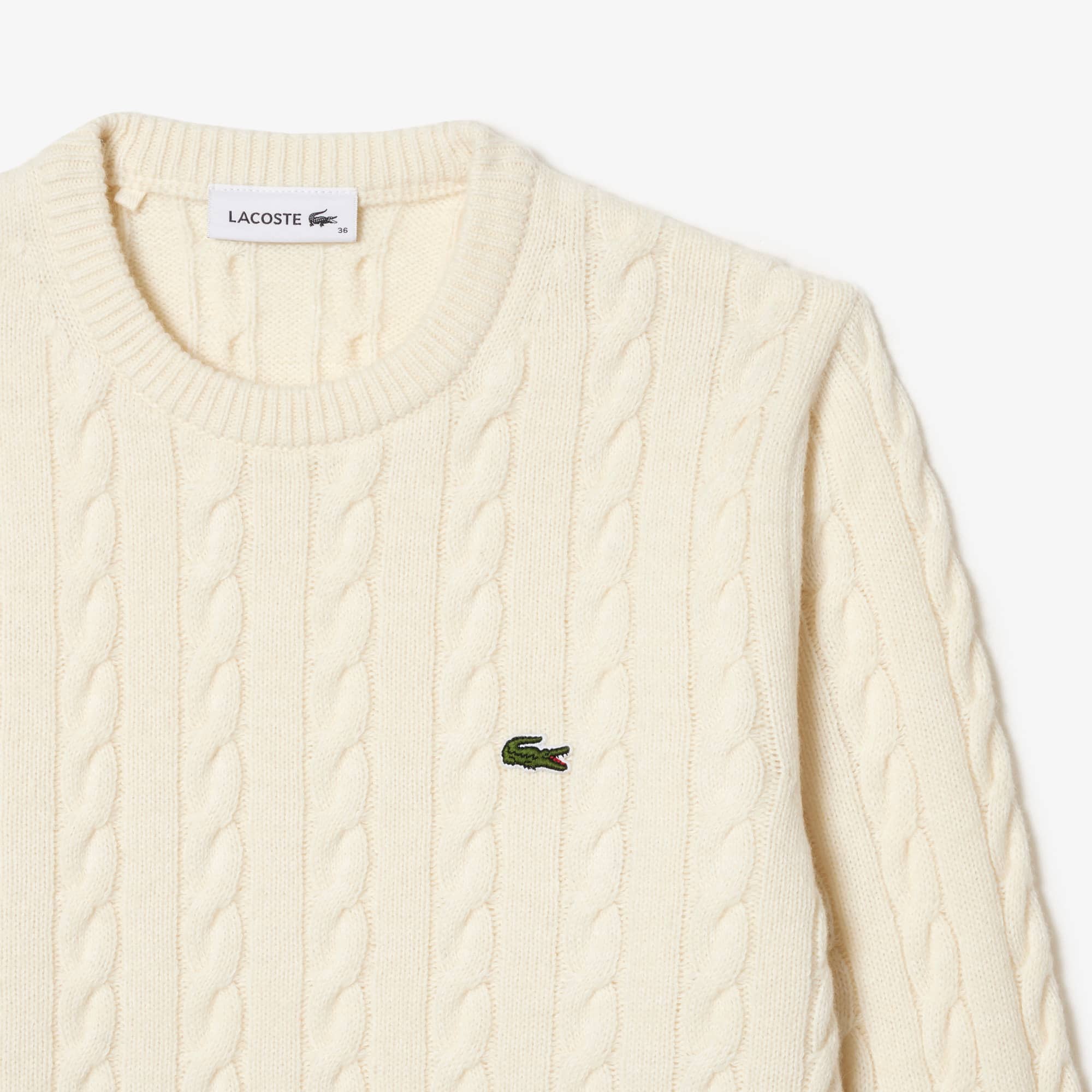 Pull à torsades moulinées en laine et coton Pullovers - Blanc - Lacoste - Femme