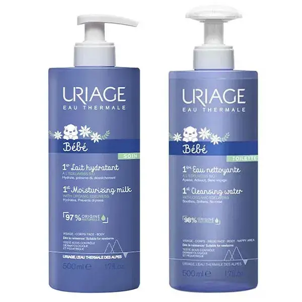 Uriage Baby 1st Água de Limpeza Suavizante para Rosto e Corpo 500ml + Uriage Baby 1st Loção Hidratante para Rosto e Corpo 500ml