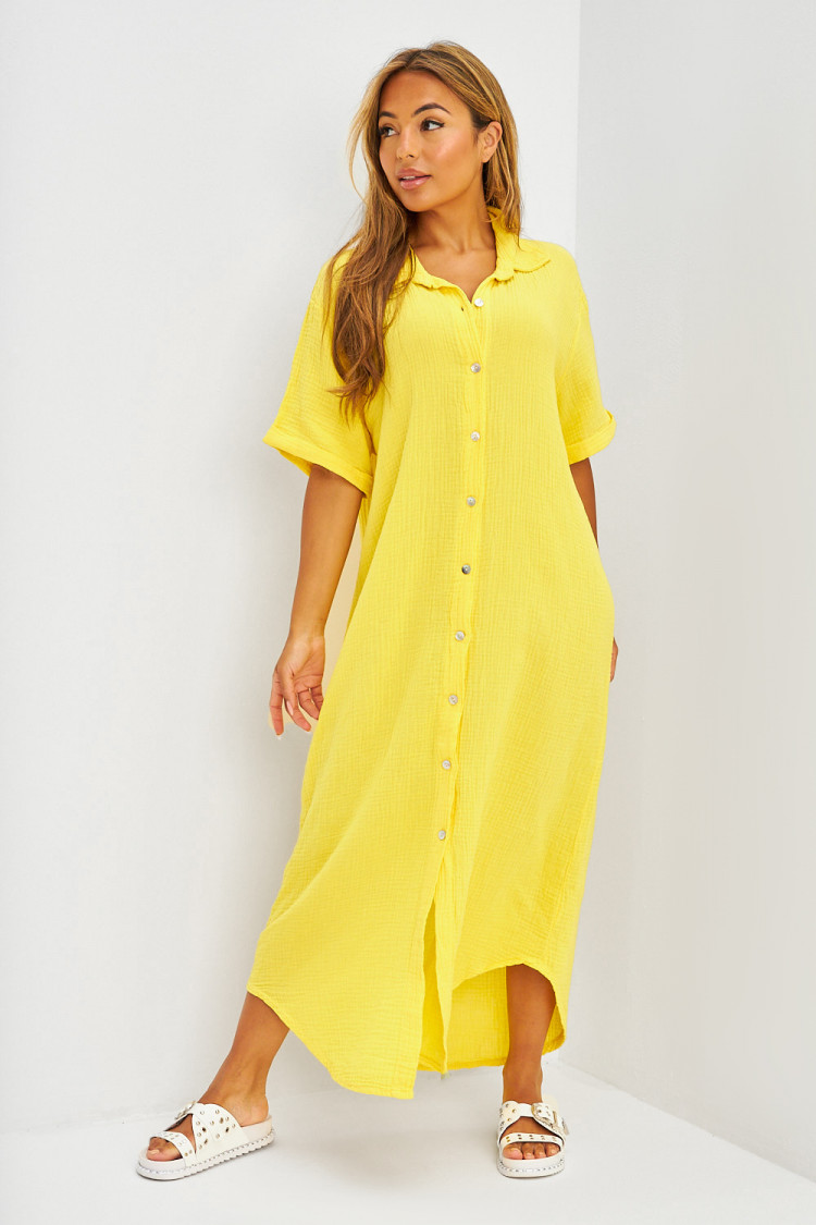 Robe longue maxi chemise en gaze de coton jaune