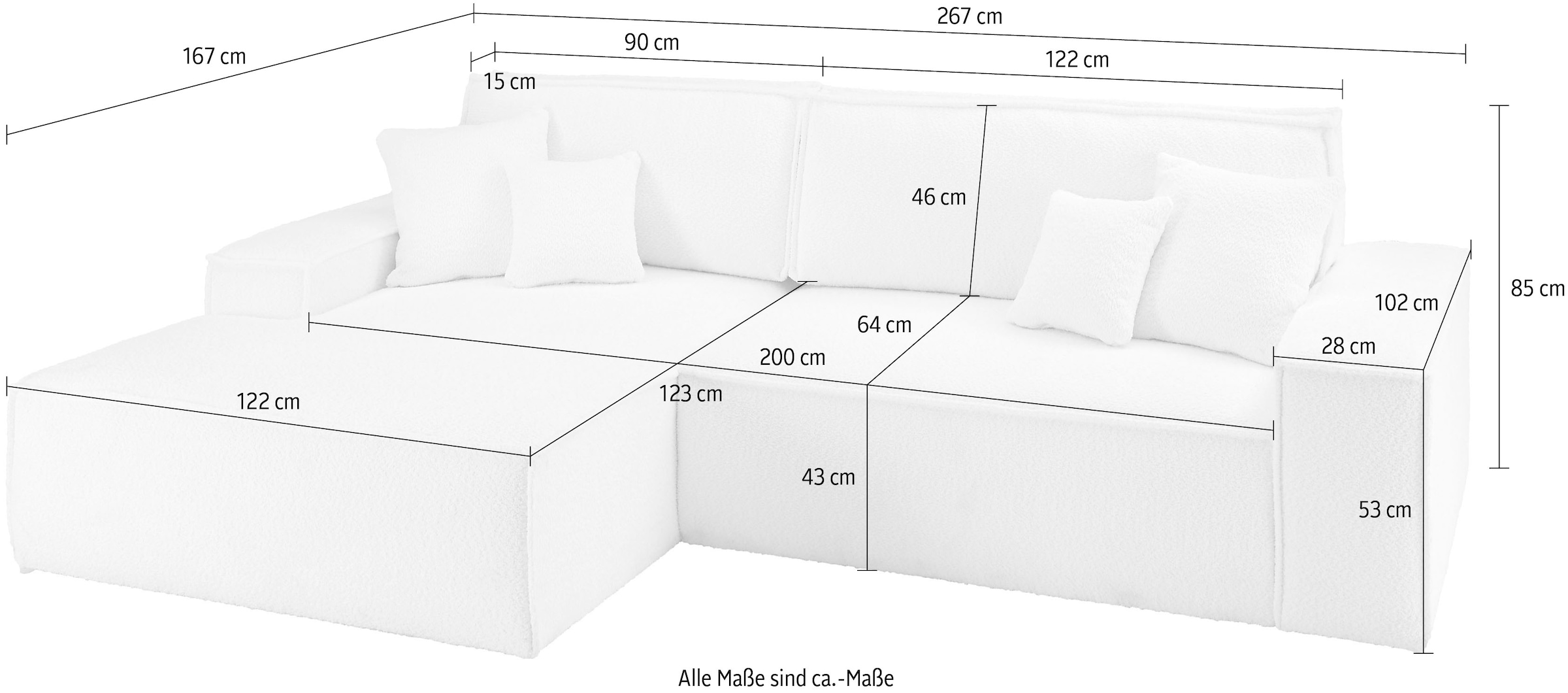 GOODproduct Ecksofa »FINNLEY Schlafsofa 267 cm, L-Form mit Schlaffunktion & Bettkasten« verfügbar in den Stoffqualitäten Bouclé, Struktur fein und Mega Cord
