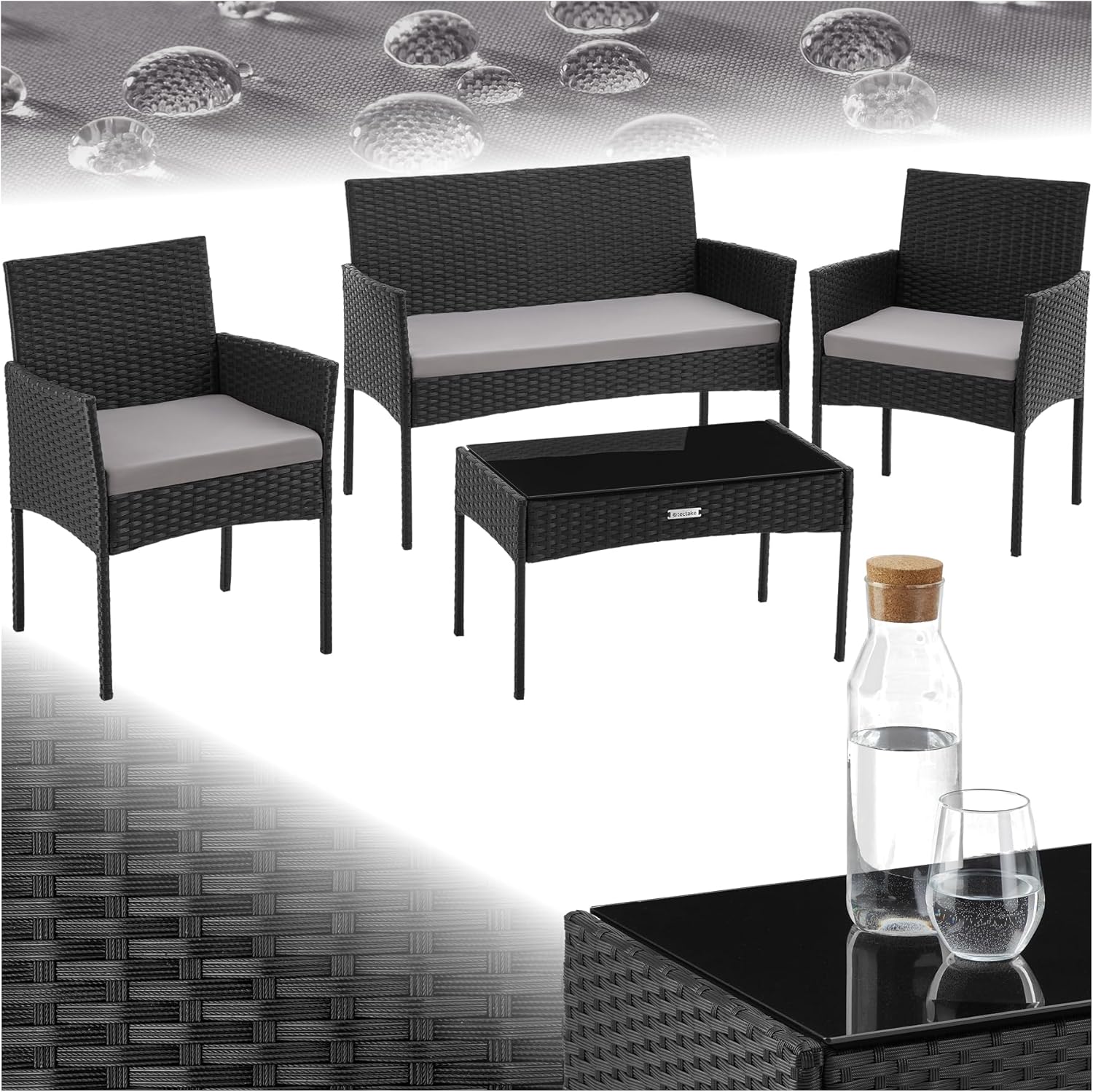 tectake® Rattan Gartenmöbel Set, Outdoor Lounge Möbel,1x Gartenbank, 2X Stuhl, 1x Balkontisch, mit Outdoor Kissen wetterfest, Balkonmöbel Kleiner Balkon, Lounge Gartenmöbel, Terrassenmöbel - schwarz