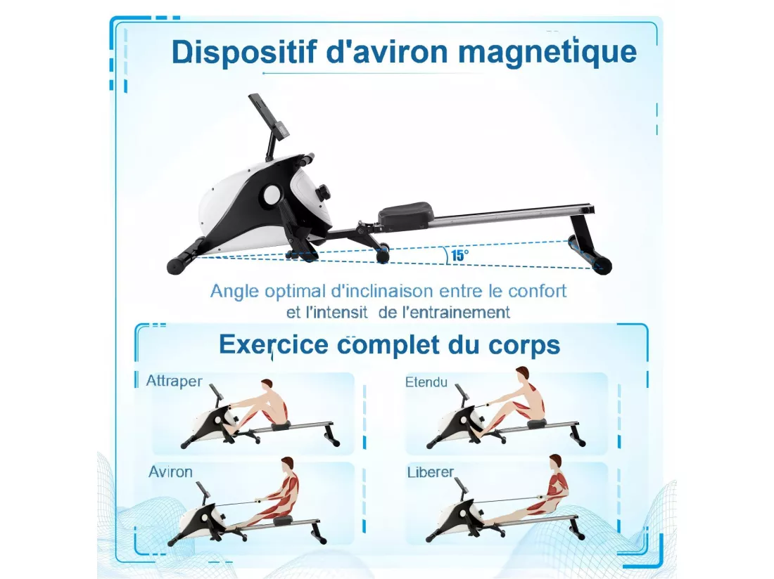 Rameur à résistance magnétique pliable, 8 niveaux de résistance, silencieux et lisse, max 110kg, 190x51x85cm
