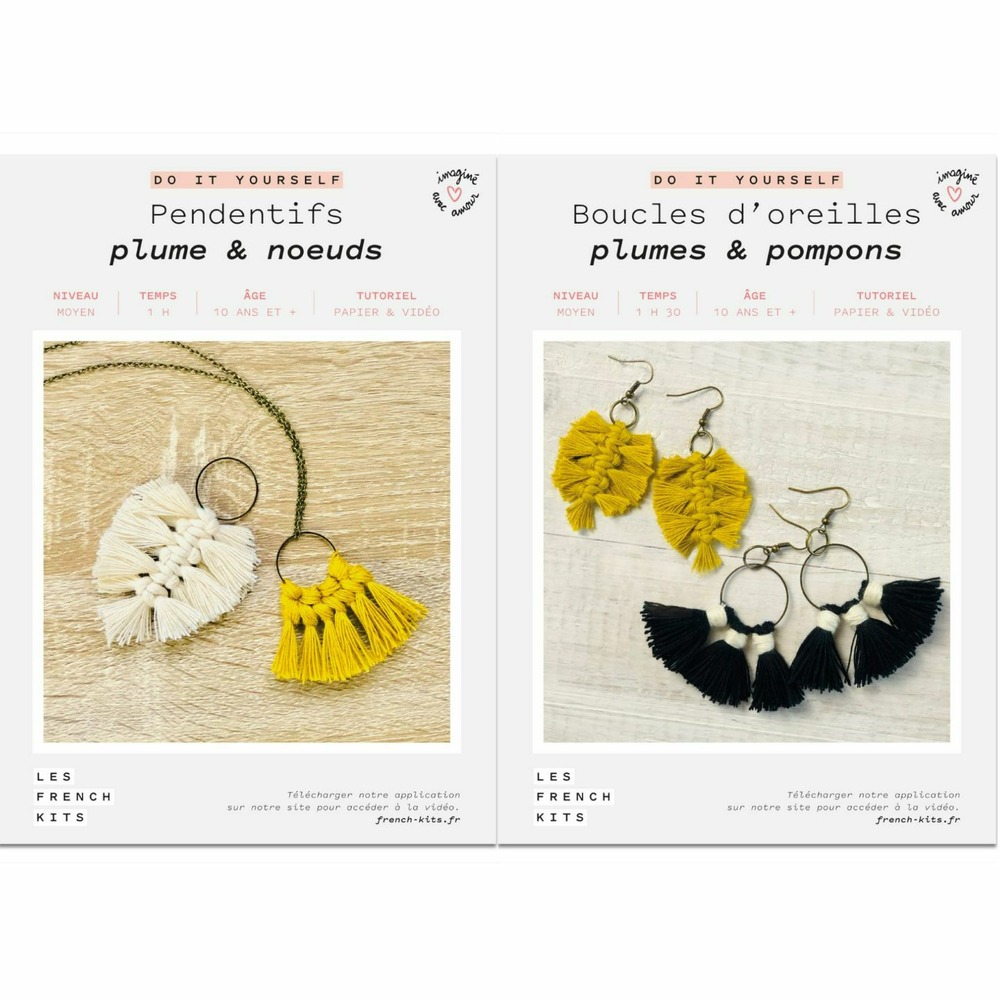 Bijoux macramé - pendentifs, boucles d'oreilles jaune