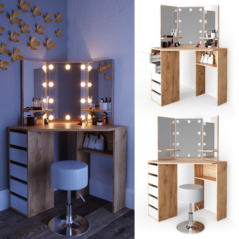 VICCO LED Eckschminktisch ARIELLE Kosmetik Schminktisch Spiegel Eiche Hocker