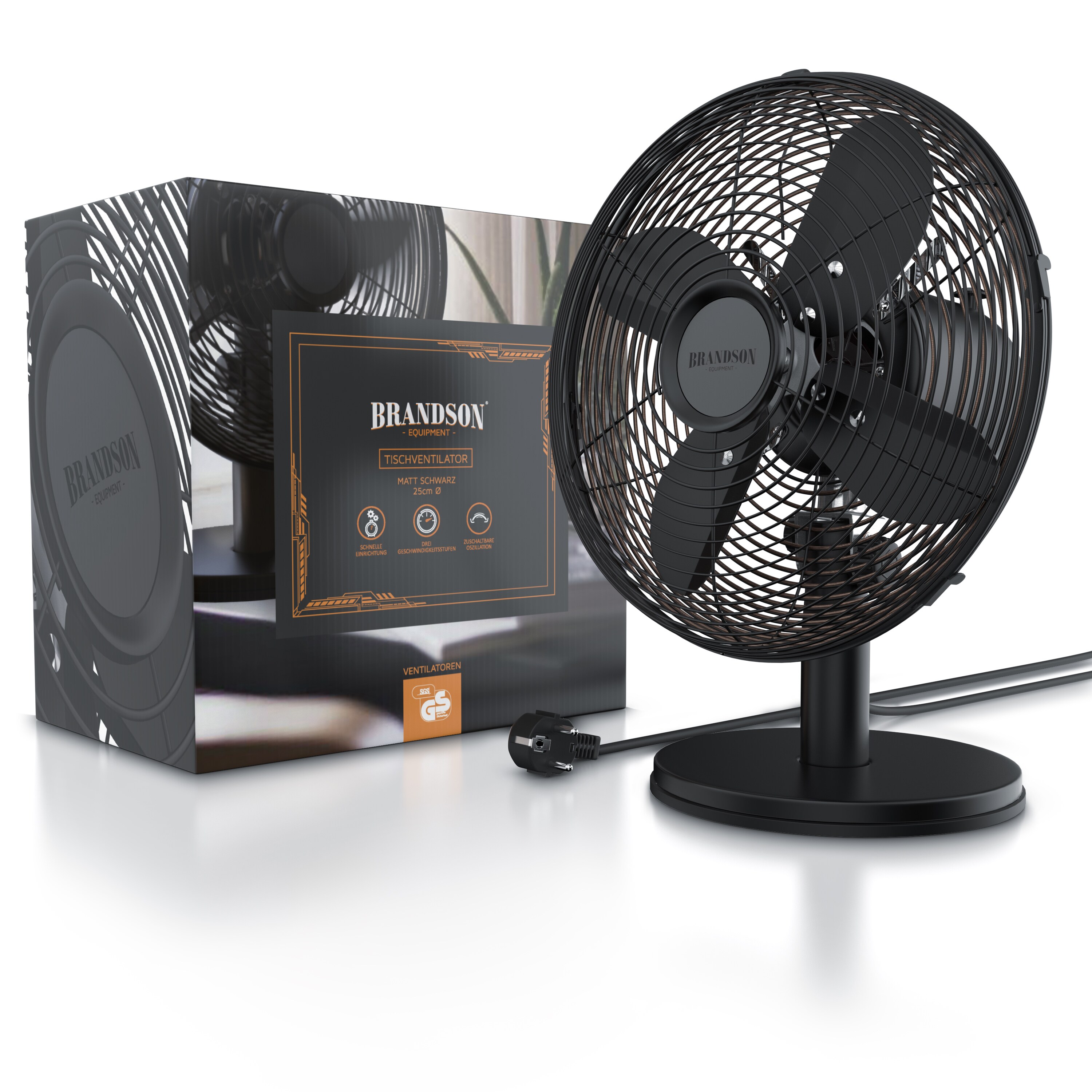 Brandson Tischventilator Design Retro, Ventilator mit 3 Geschwindigkeitsstufen, 80° oszillierend, ca. 40° neigbar, Robustes Vollmetallgehäuse