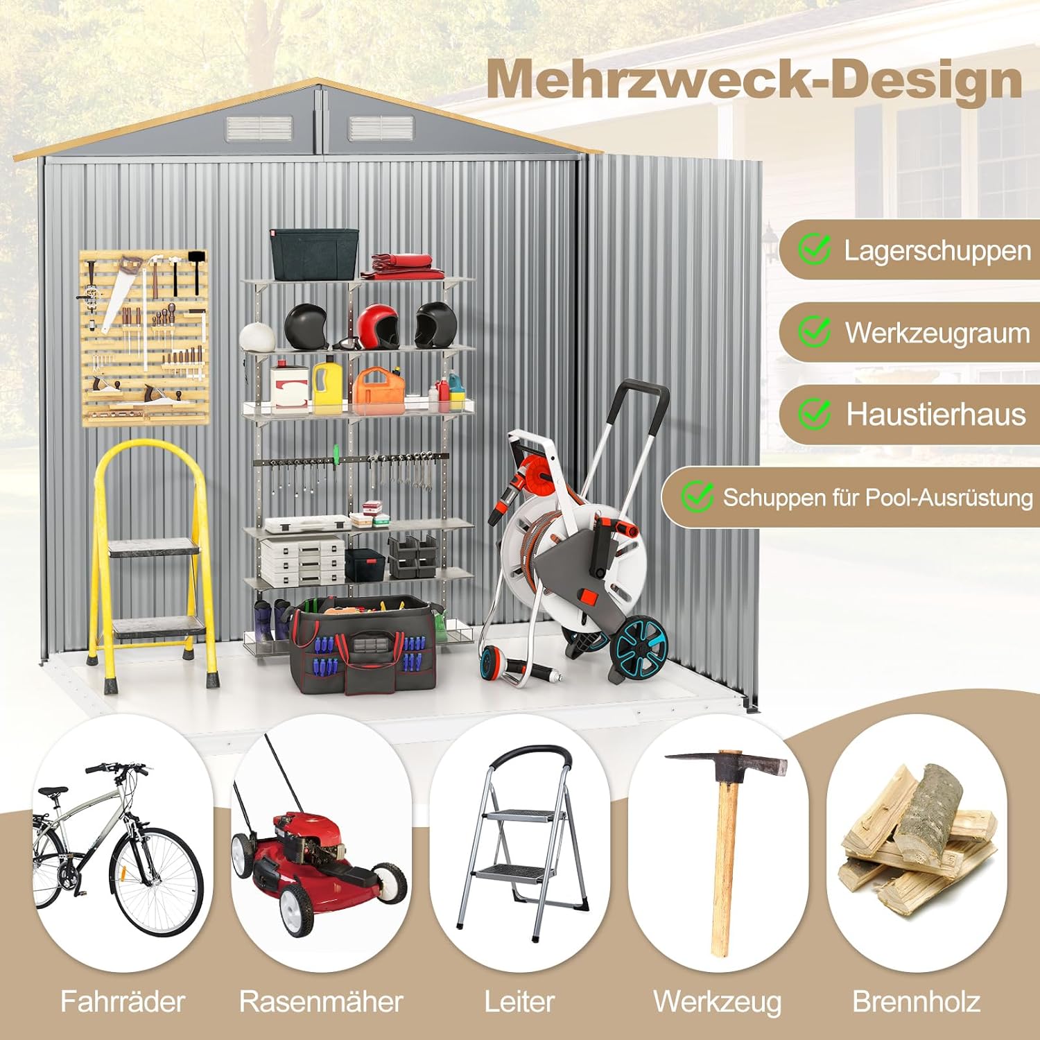 COSTWAY Gerätehaus Metall, Geräteschuppen abschließbar, Gartenhaus mit 4 Luftschlitzen & Schiebetür & Rampe, Garten Schuppen Outdoor, Metallschuppen Geräteschuppen, Natur (196 x 142 x 186 cm)